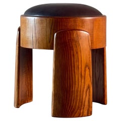 Sculptural Ash Wood Stool with B.V. Waxed Dark Brown Leather by FORME, Italy