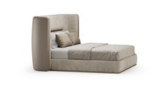 Sculptural Astoria Bed With Sleek Curved Headboard and Beige Fabric and Leather