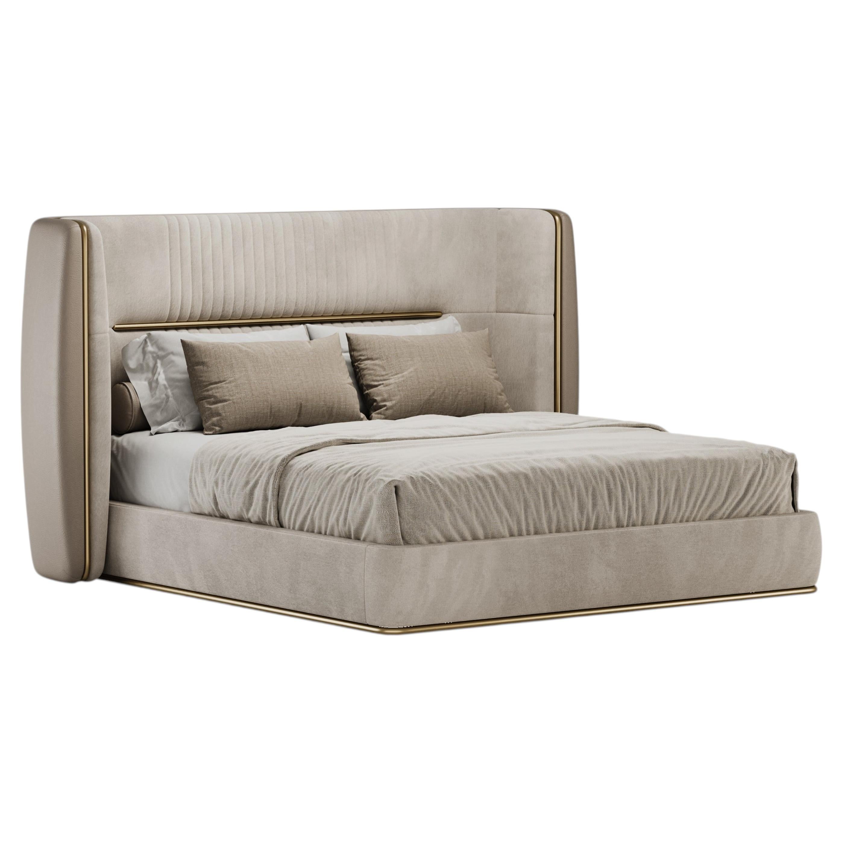 Sculptural Astoria Bed With Sleek Curved Headboard and Beige Fabric and Leather