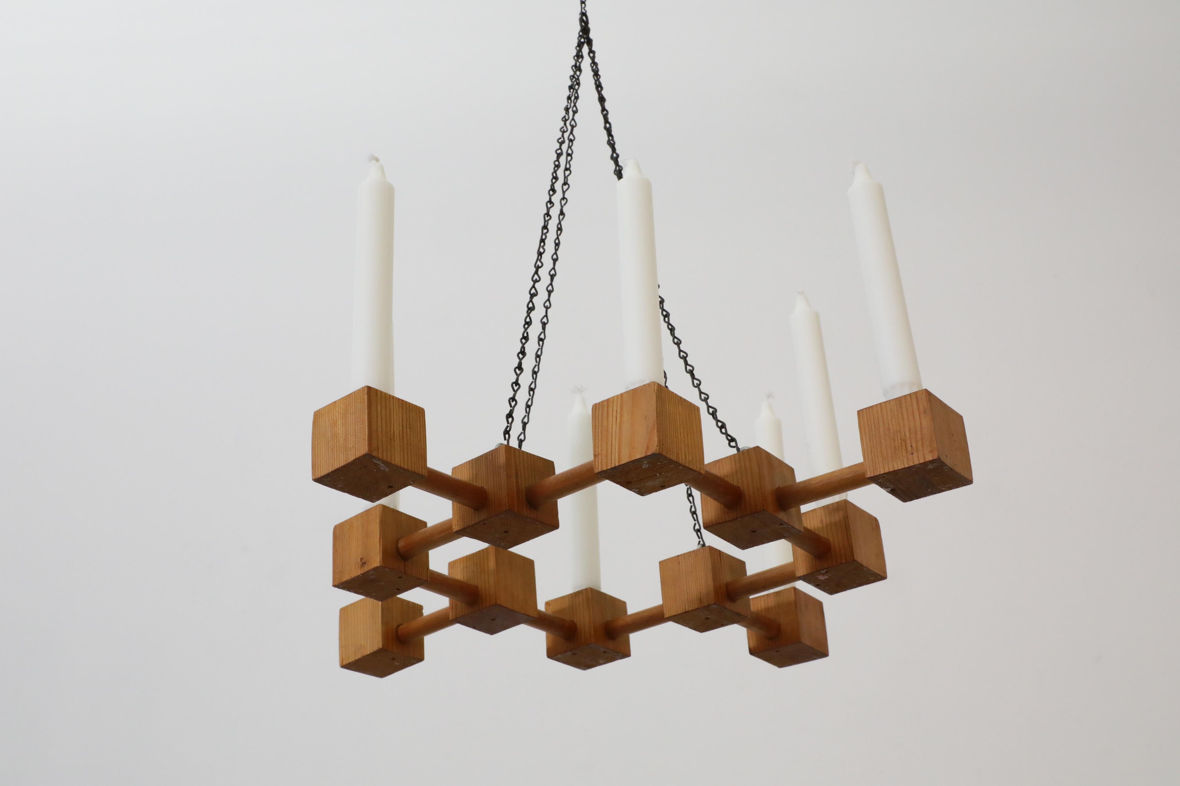 Sculptural Ate van Apeldoorn style Mid-Century Pine Candelabra with Steel Chain In Good Condition For Sale In Los Angeles, CA