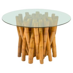 Sculptural Bamboo Base Round Dining Table with Glass Top