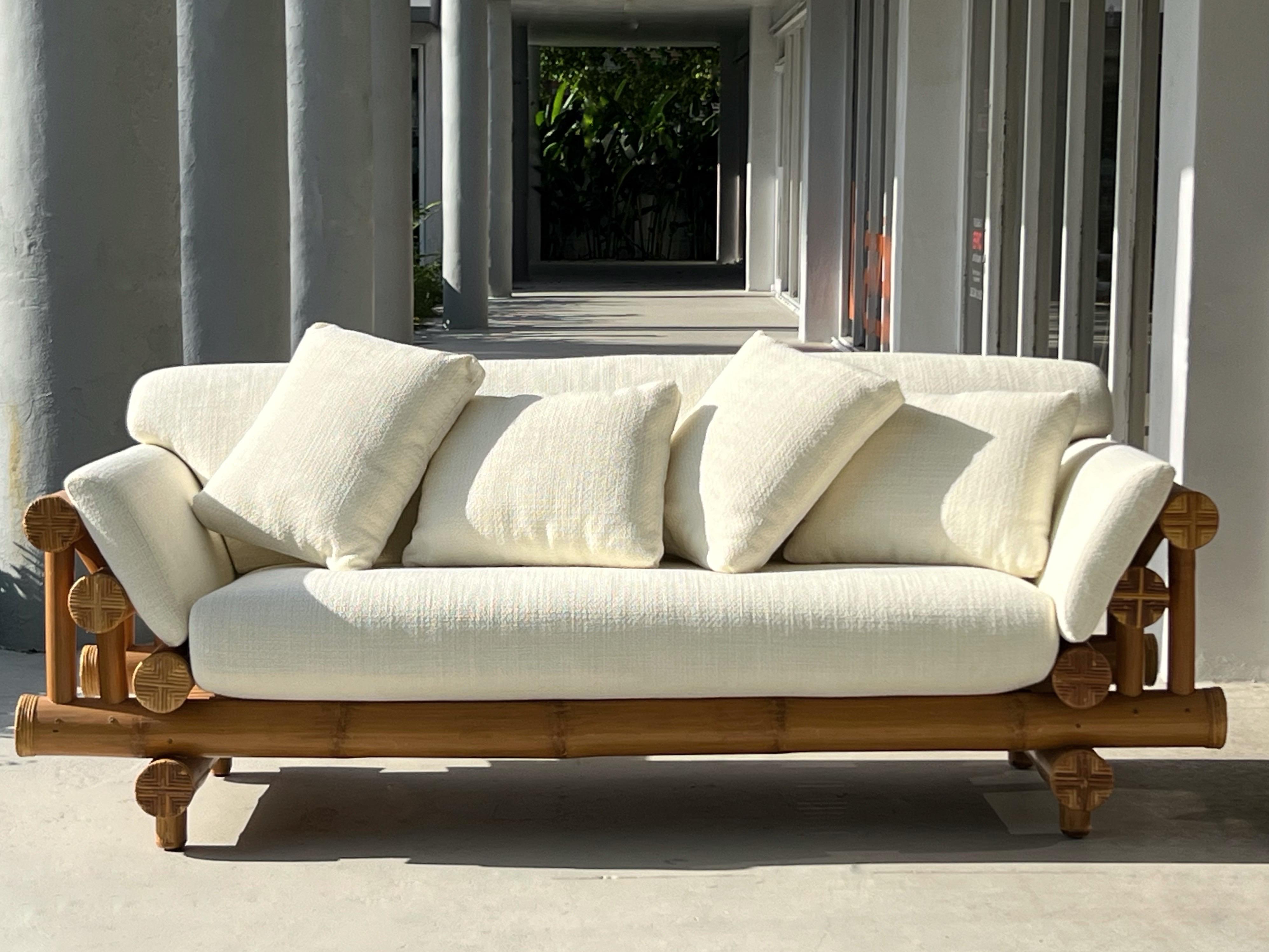 Upholstery Sculptural Bamboo Rattan Sofa 1970s For Sale