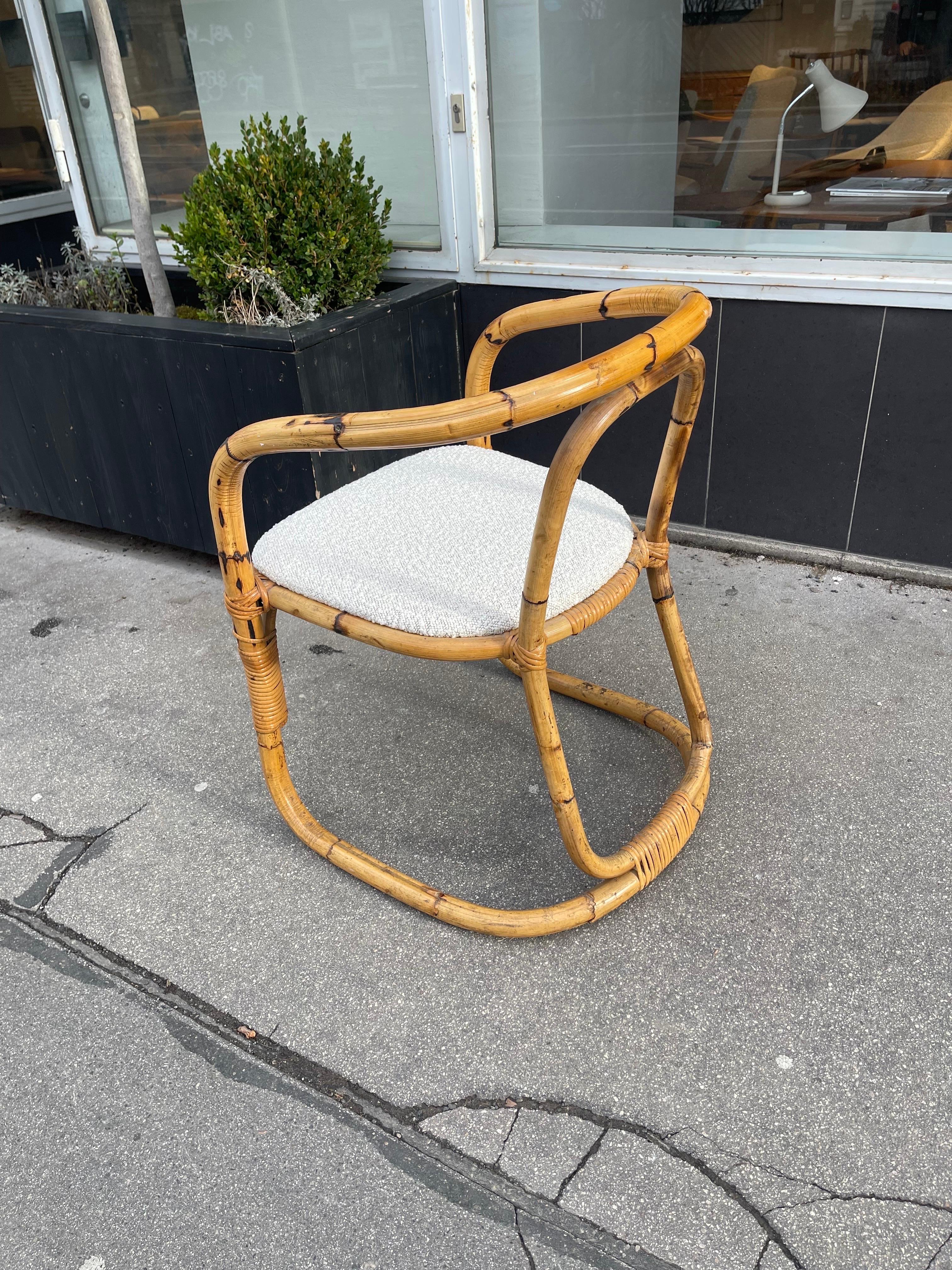 Bamboo Style Barrel Side Chair by Val Derra in the style of Gabriella Crespi, Italy 1970s. Reupholstered in off white boucle fabric.