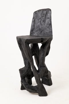 Chaise de bar sculpturale, tabouret haut, Wood Wood, sculpté, noir, rustique, Logniture