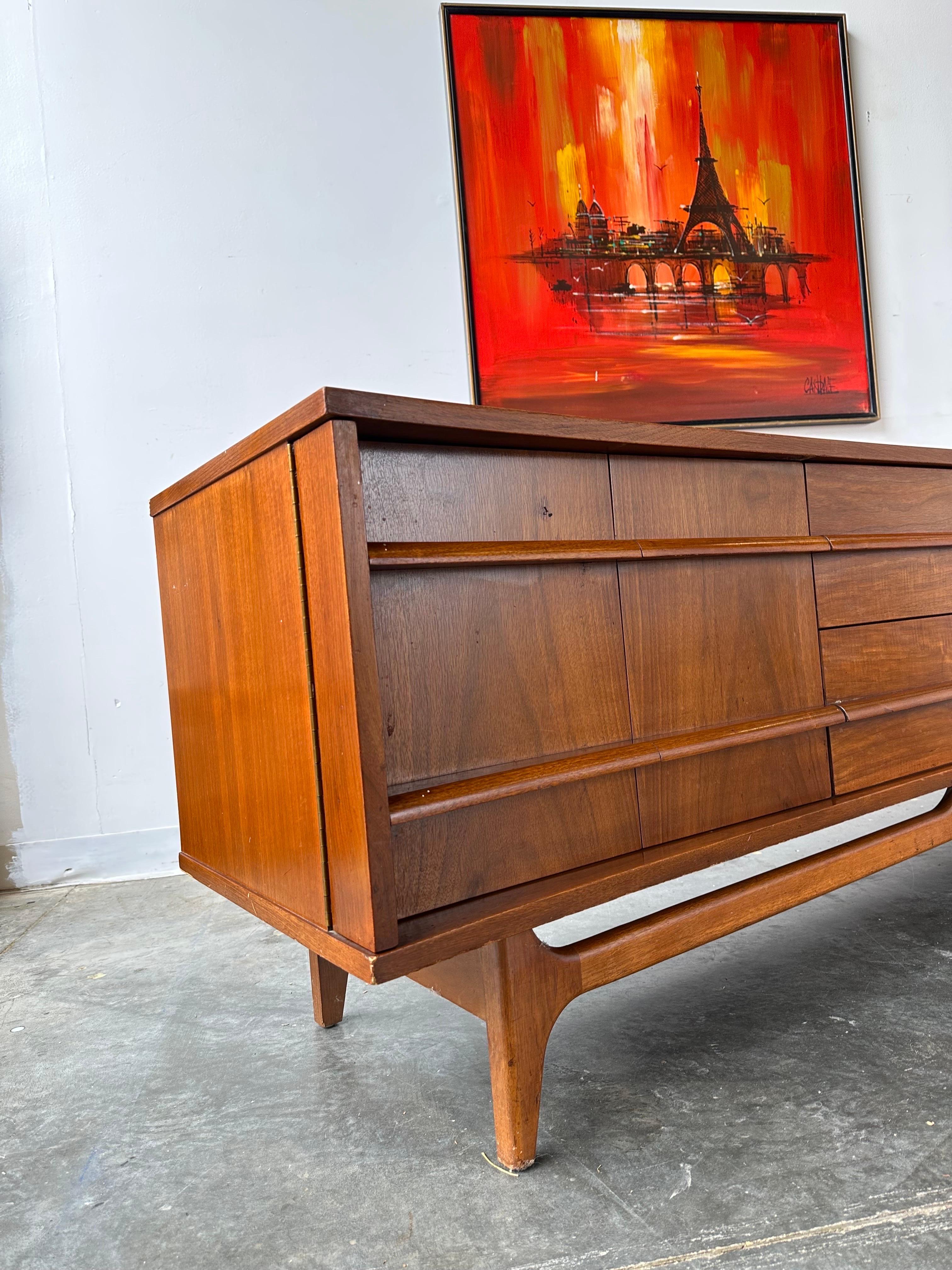 Mid-20th Century Sculptural Base Curved Low Credenza by Young Mfg
