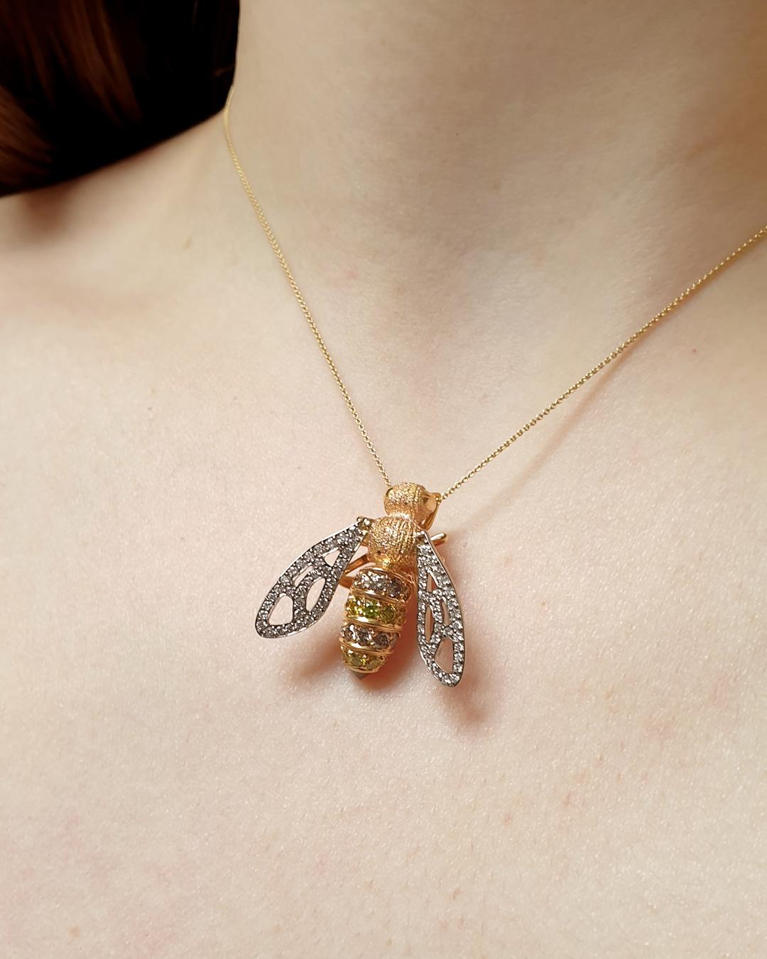 Modern Sculptural Bee Pendant, 18k White and Yellow Gold, 97 Diamonds, Insect For Sale