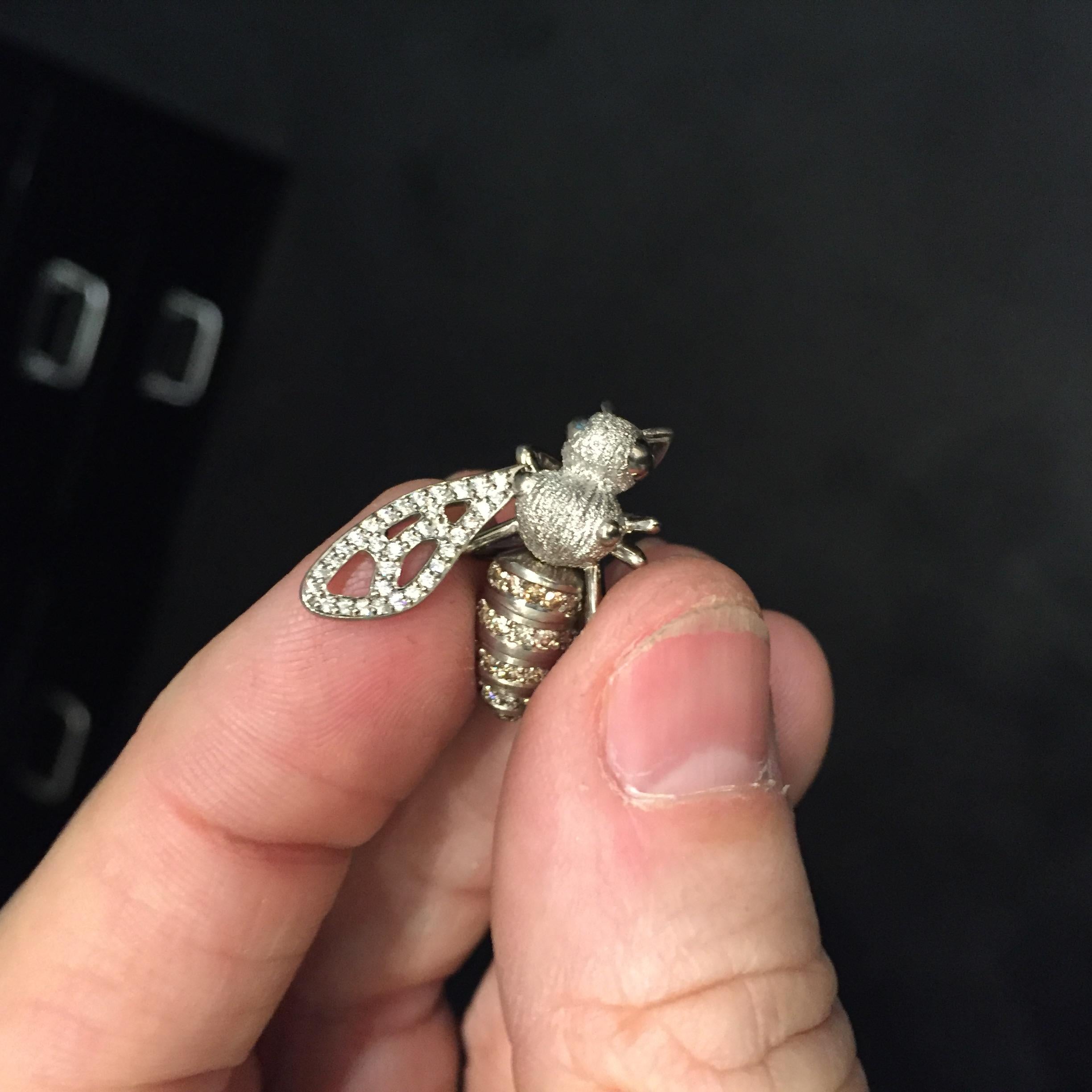 Brilliant Cut Sculptural Bee Pendant, 18k White and Yellow Gold, 97 Diamonds, Insect For Sale