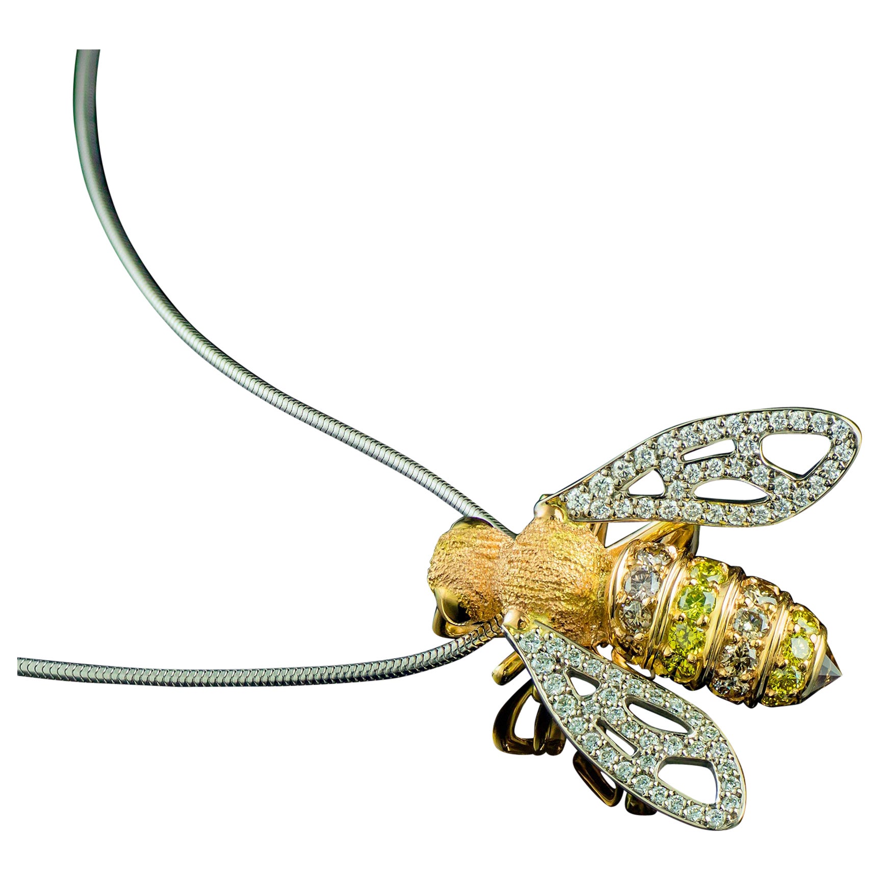 Sculptural Bee Pendant, 18k White and Yellow Gold, 97 Diamonds, Insect For Sale