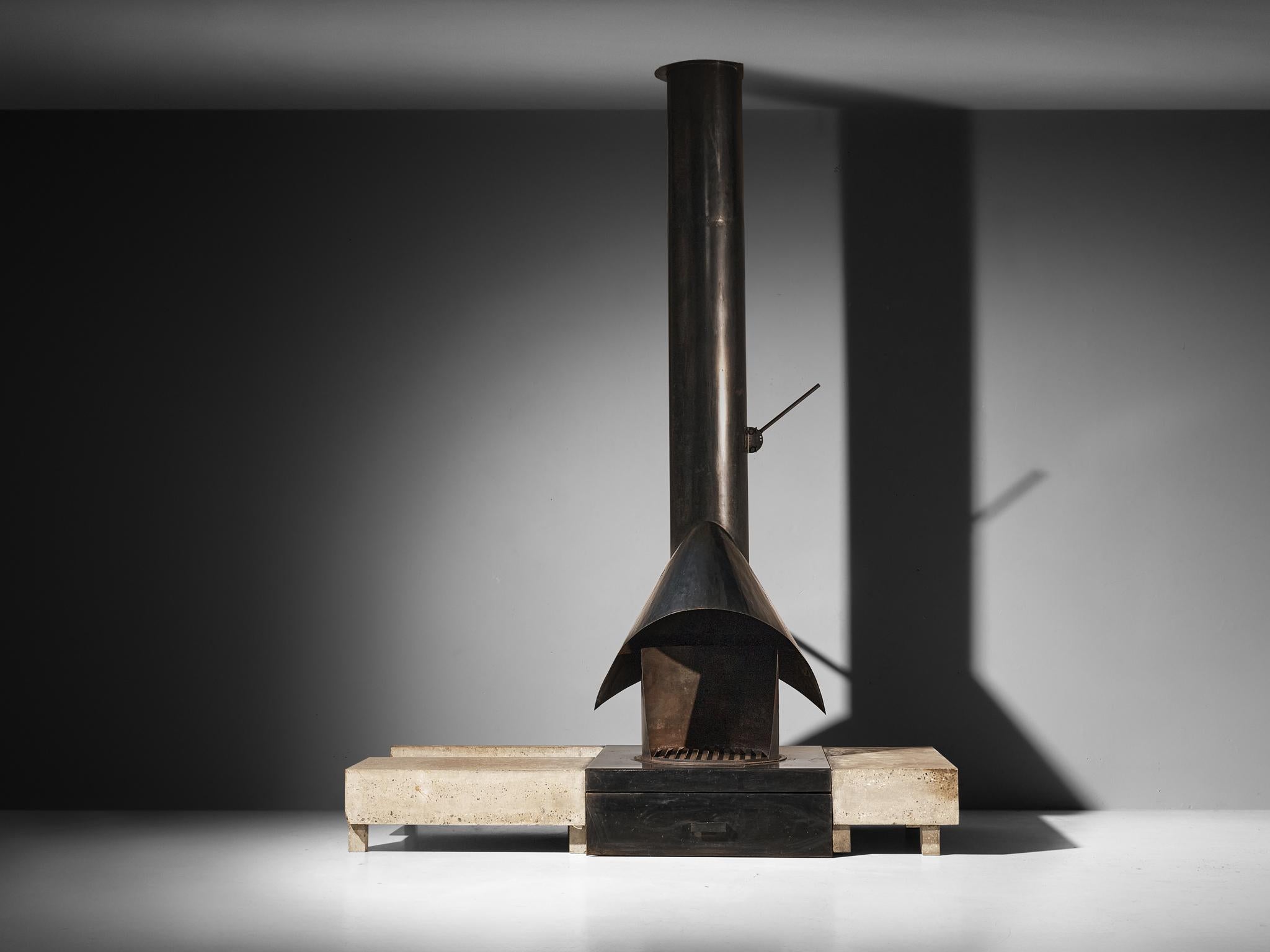 Steel Sculptural Belgian Mid-Century Fireplace in Concrete and Iron For Sale