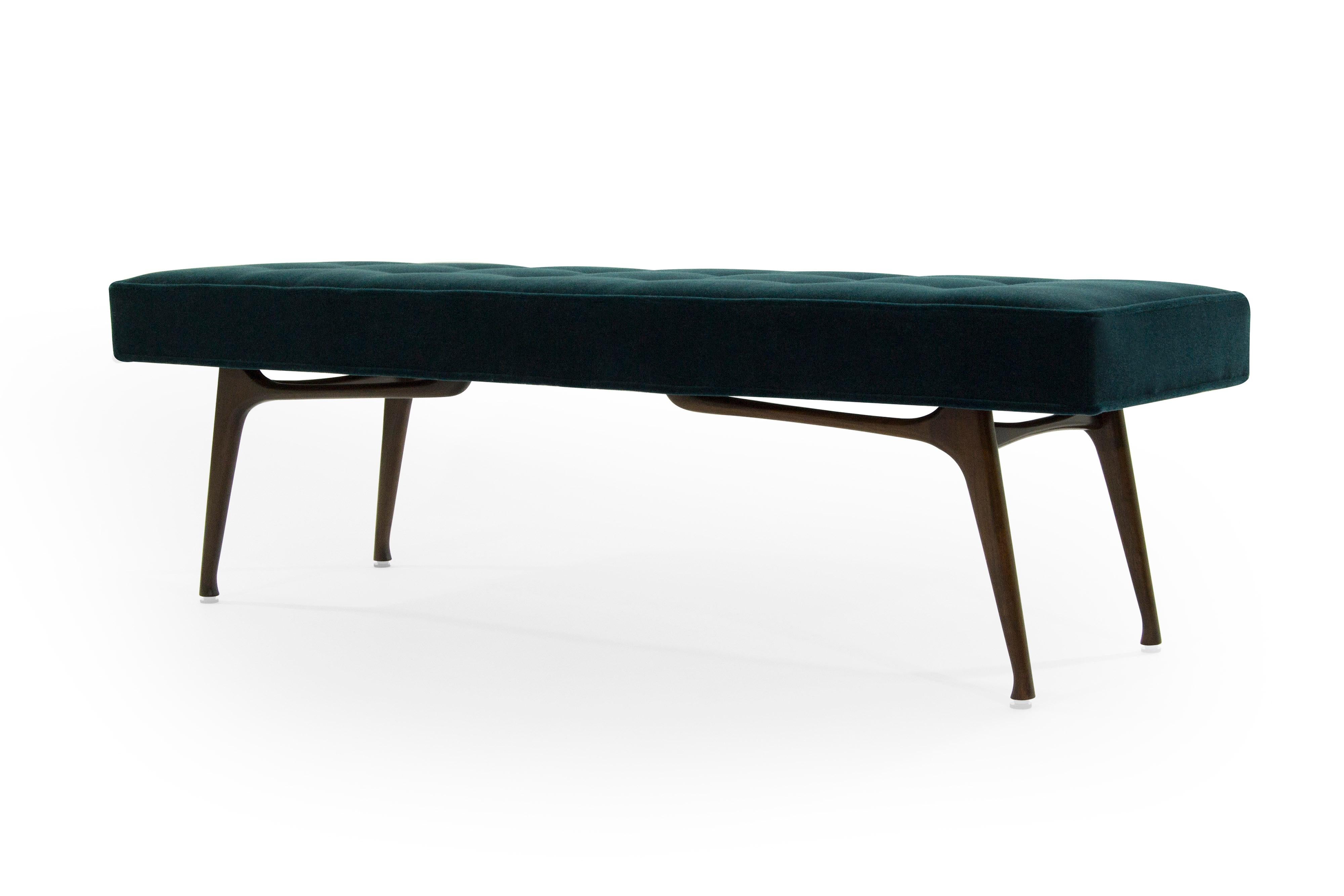 Bench featuring fully restored sculptural walnut legs in the style of Ico Parisi, Italy, circa 1950s.

Newly upholstered in teal mohair by Holly Hunt.
