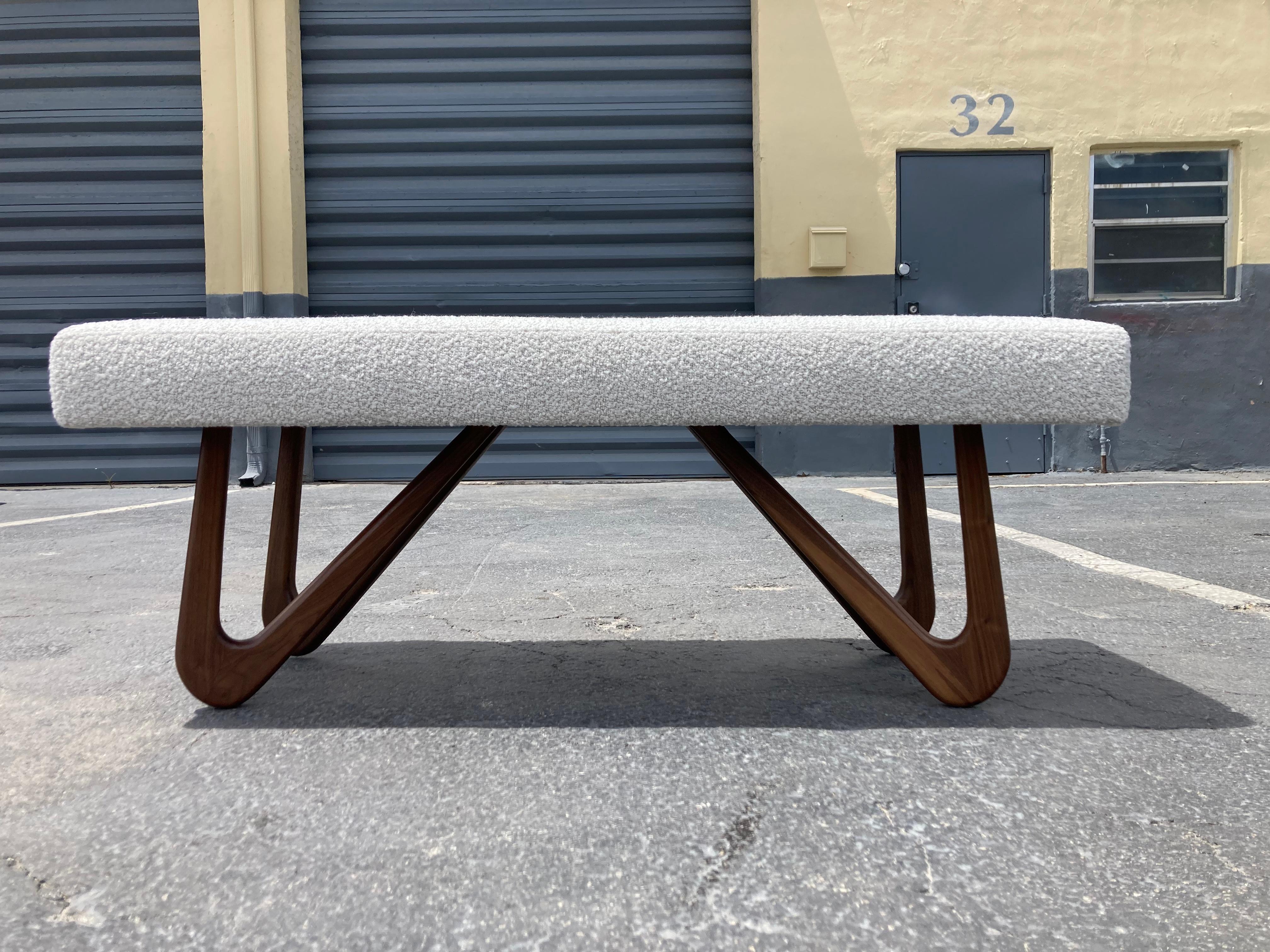 Mid-Century Modern Sculptural Bench, Walnut and Boucle For Sale