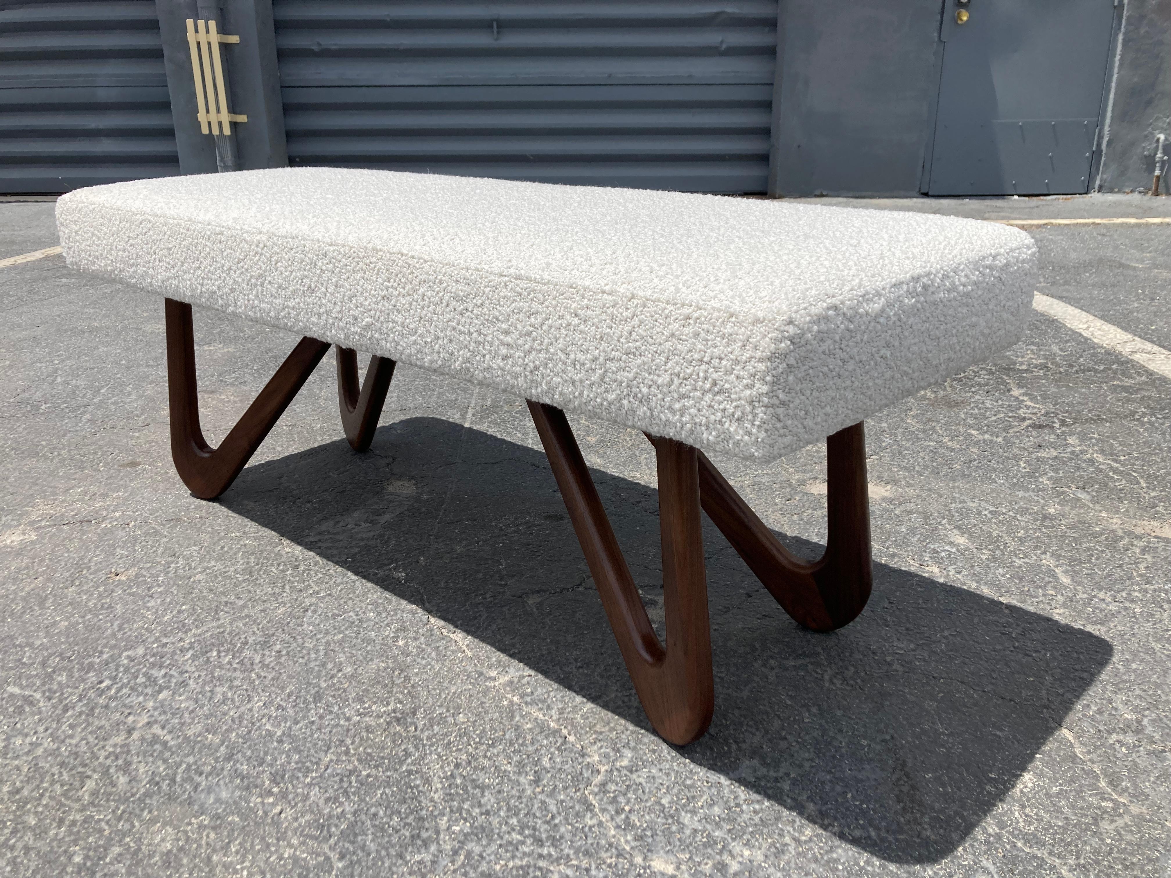 Contemporary Sculptural Bench, Walnut and Boucle For Sale