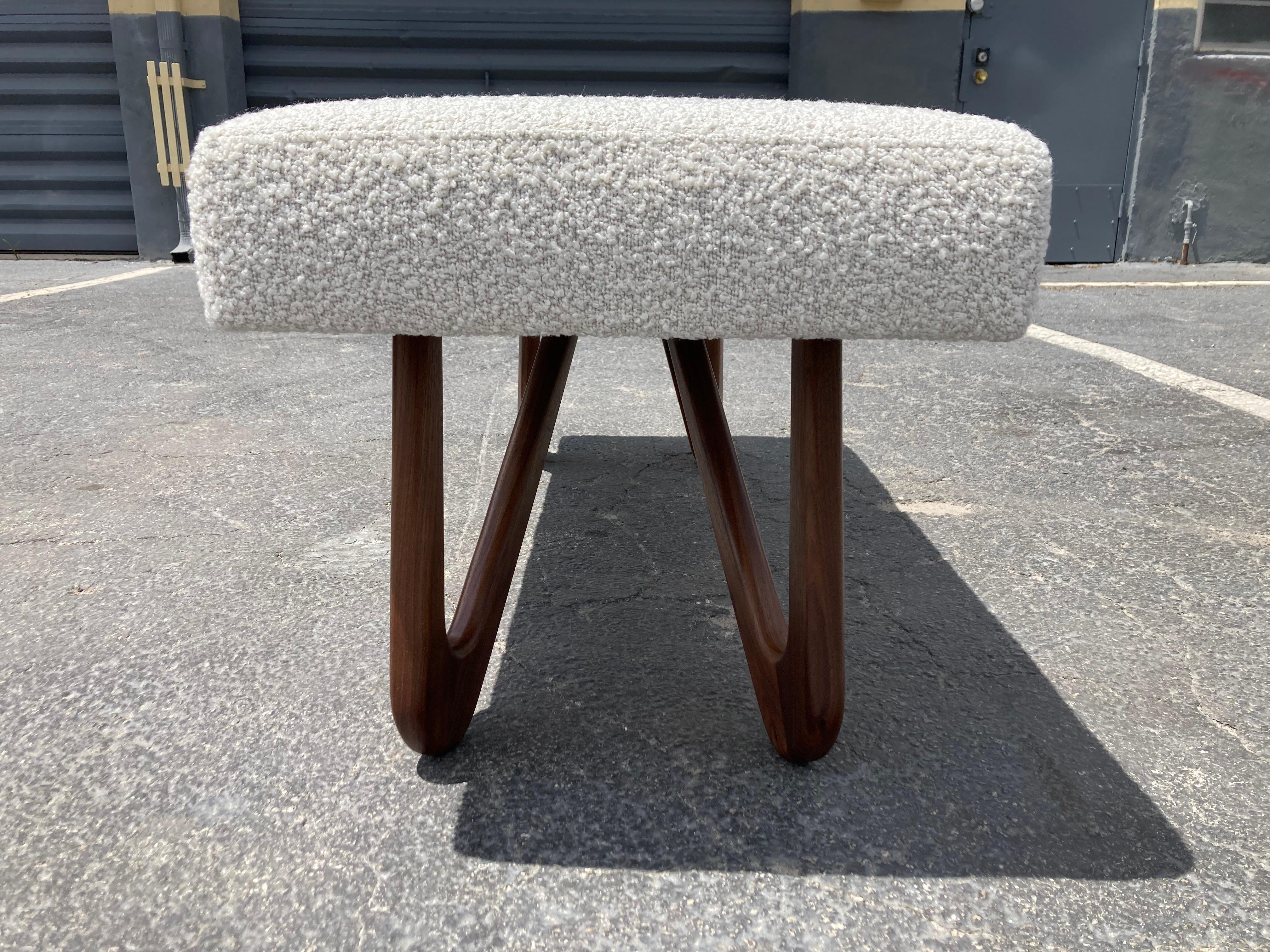 Fabric Sculptural Bench, Walnut and Boucle For Sale