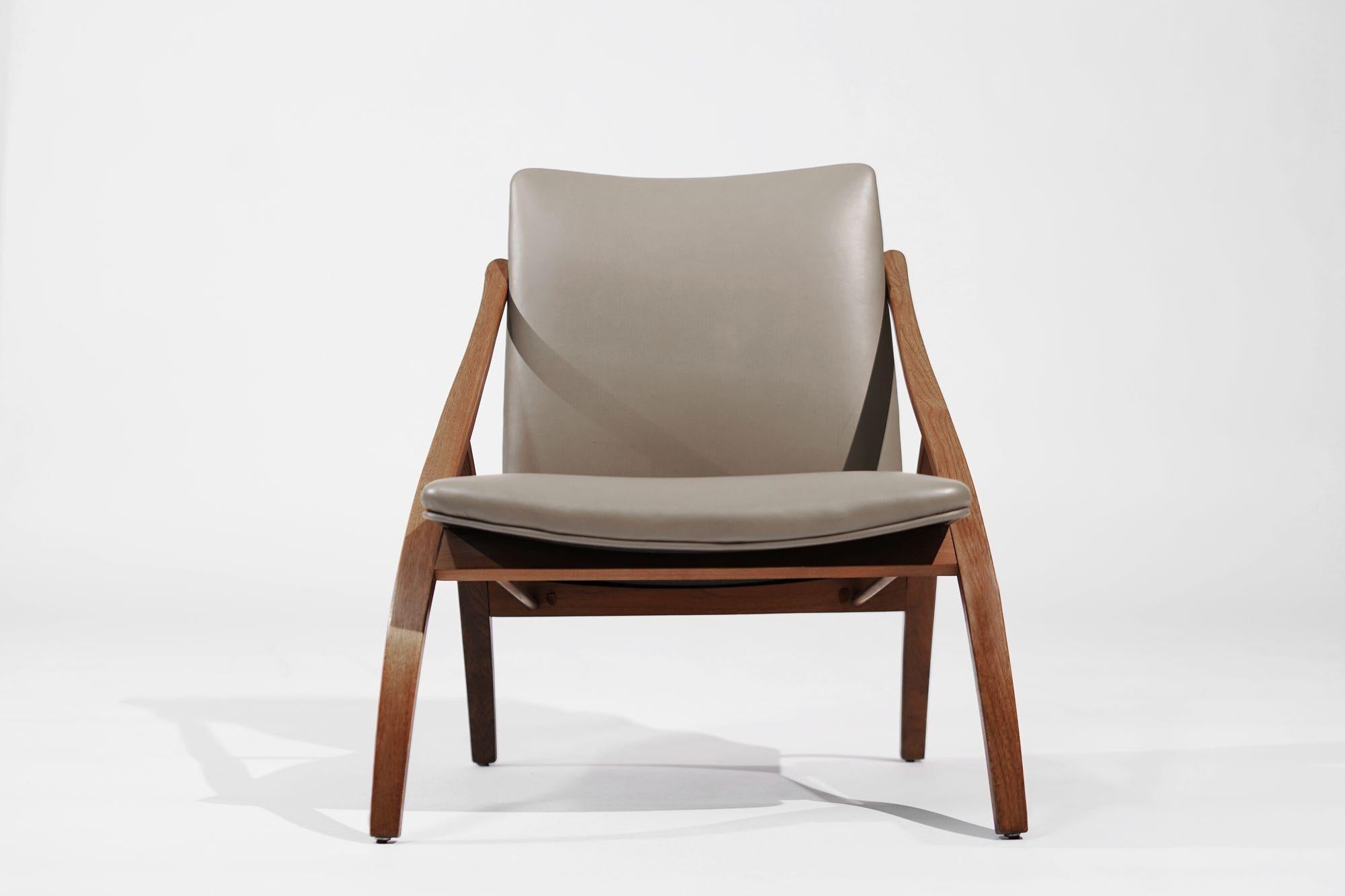 Faux Leather Sculptural Bent Teak Lounge Chair, Sweden, C. 1950s For Sale