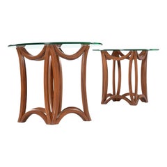 Sculptural Bentwood Pearsall Style Glass Top Pedestal Side Tables