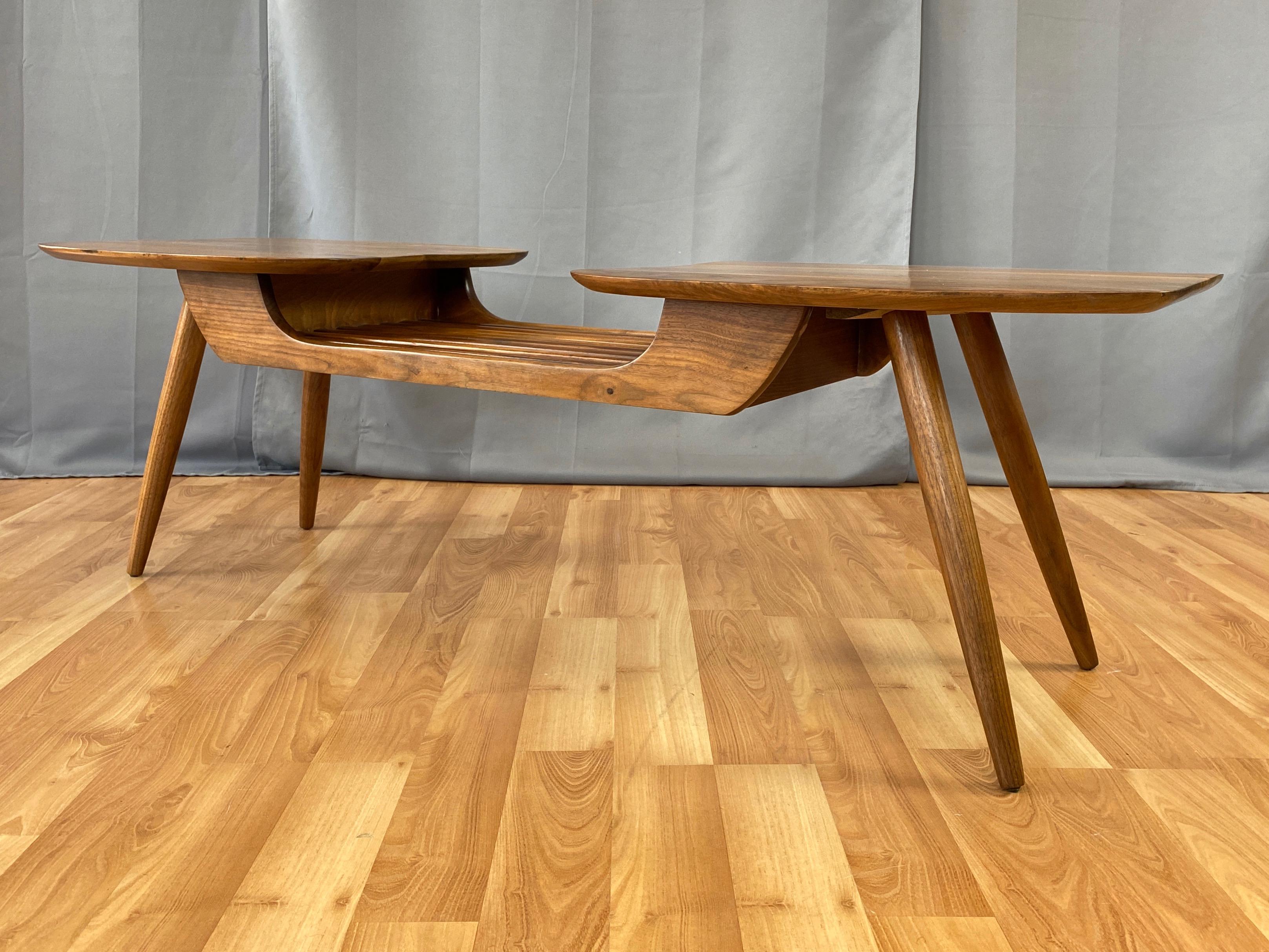 Mid-Century Modern Sculptural Bi-Level Biomorphic and Slat Top Walnut Coffee Table, 1960s