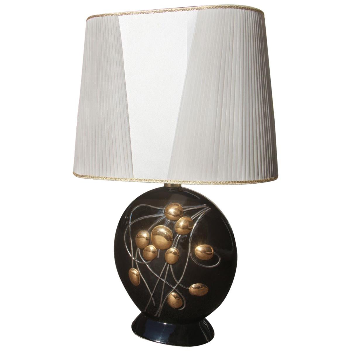 Sculptural Big Ceramic Table Lamp 1970 Black Gold and White For Sale