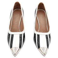 Sculptural Black and White Stripe Patent Leather Pump, Chrome Block Heel