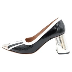 Sculptural Black and White Stripe Patent Leather Pump, Chrome Block Heel