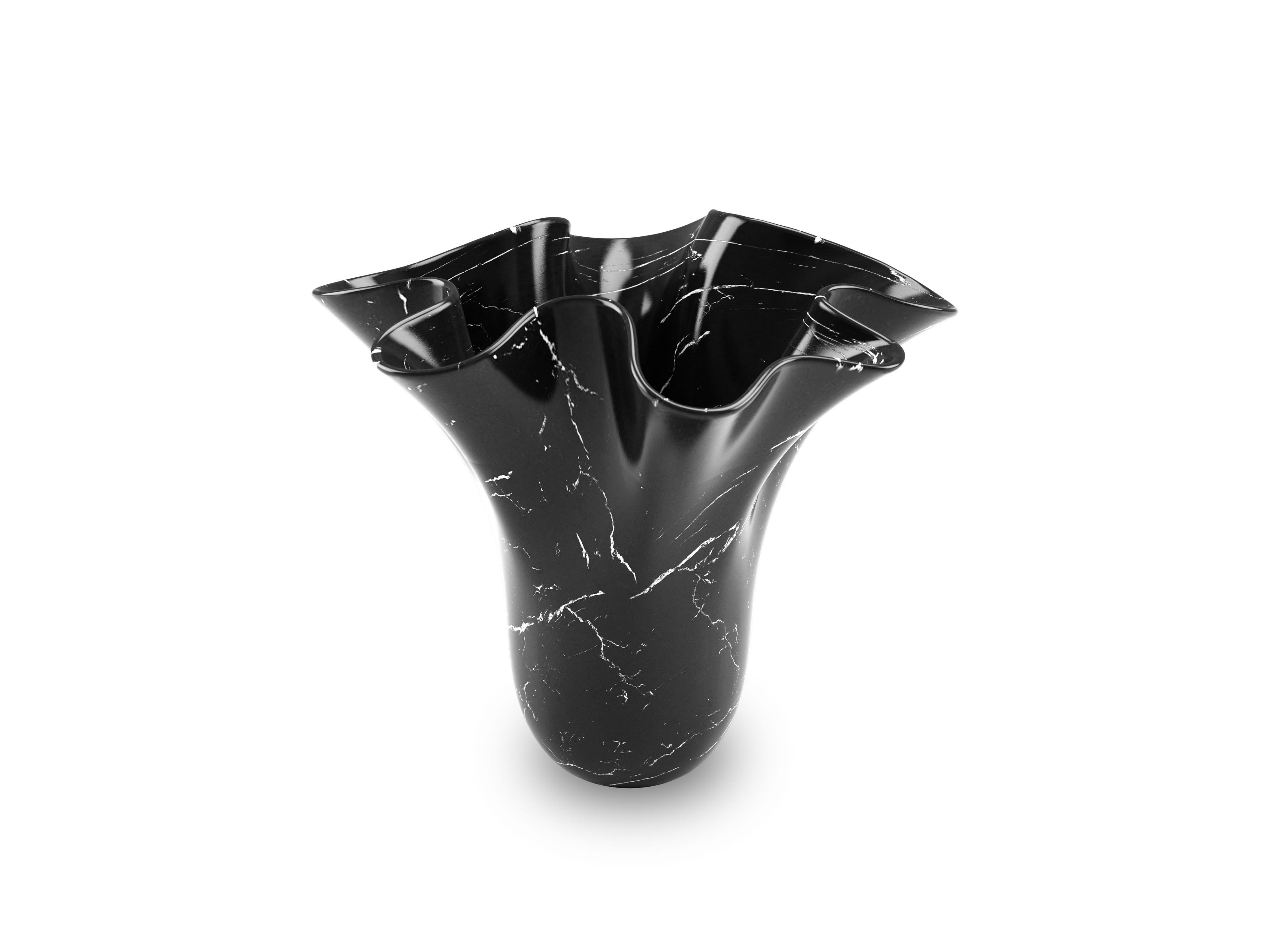 Modern Sculptural Black Marquina Marble Vase Vessel Decorative, Flower Shape Sculpture For Sale