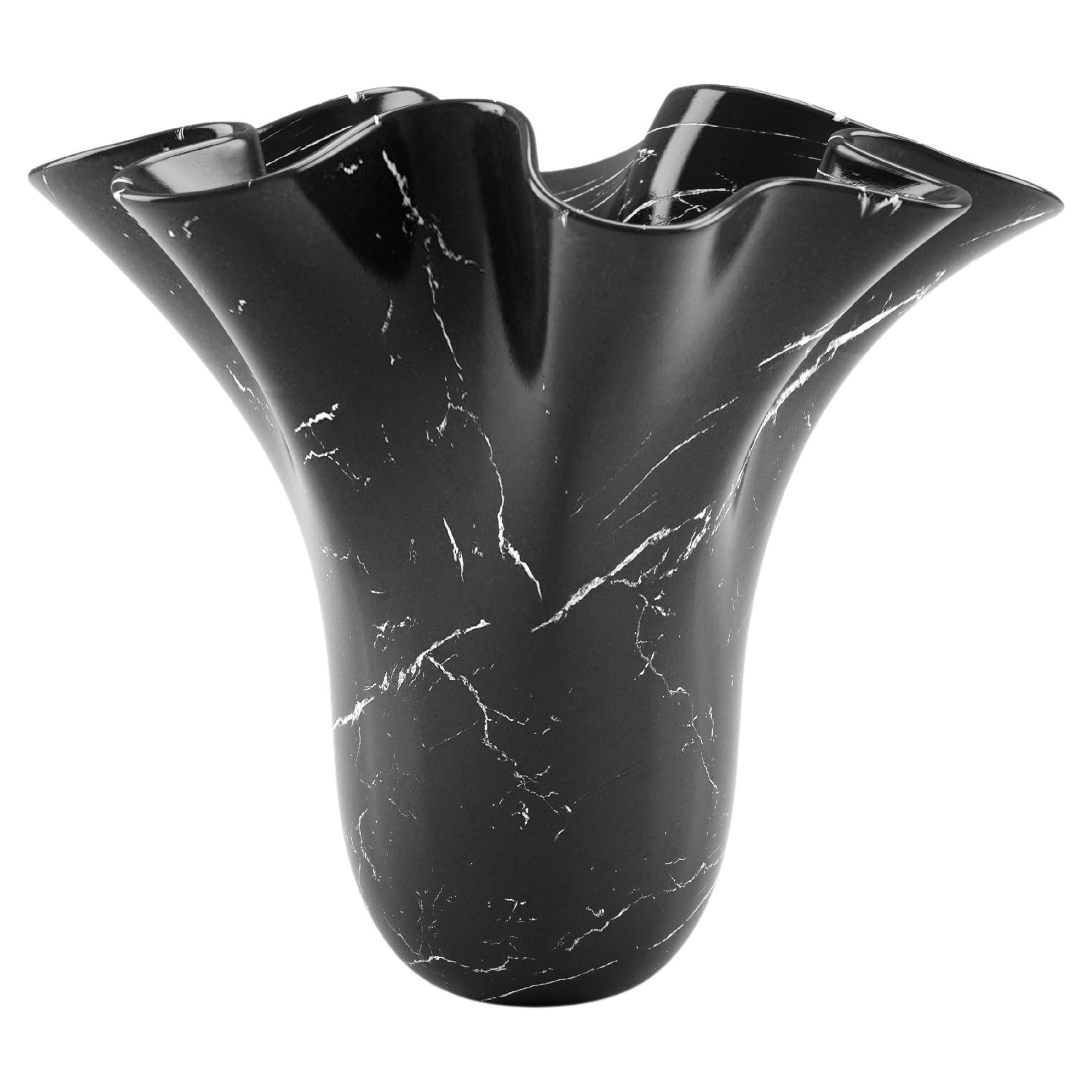 Sculptural Black Marquina Marble Vase Vessel Decorative, Flower Shape Sculpture For Sale
