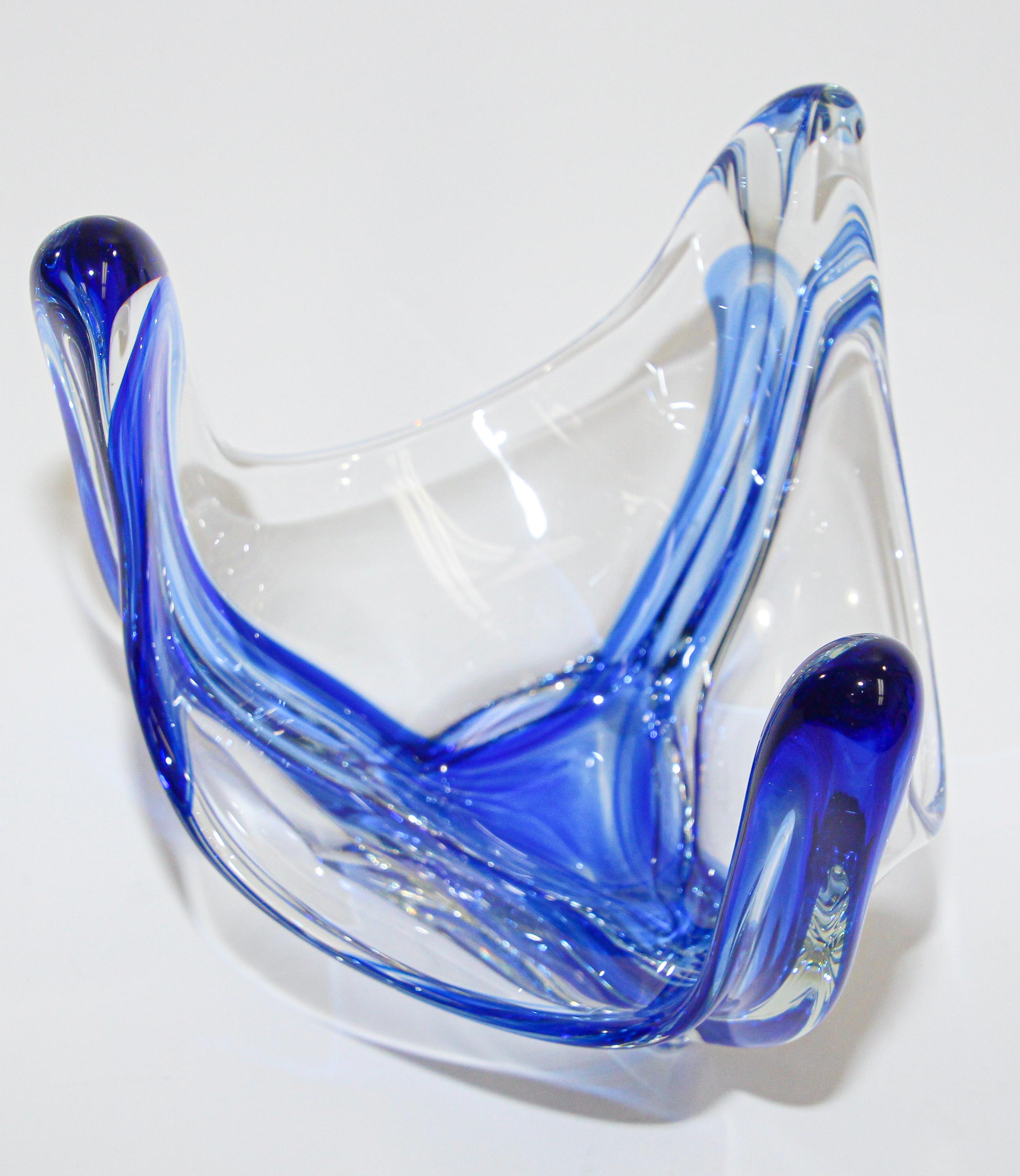 Hand-Crafted Sculptural Blue Large Decorative Hand Blown Murano Glass Bowl