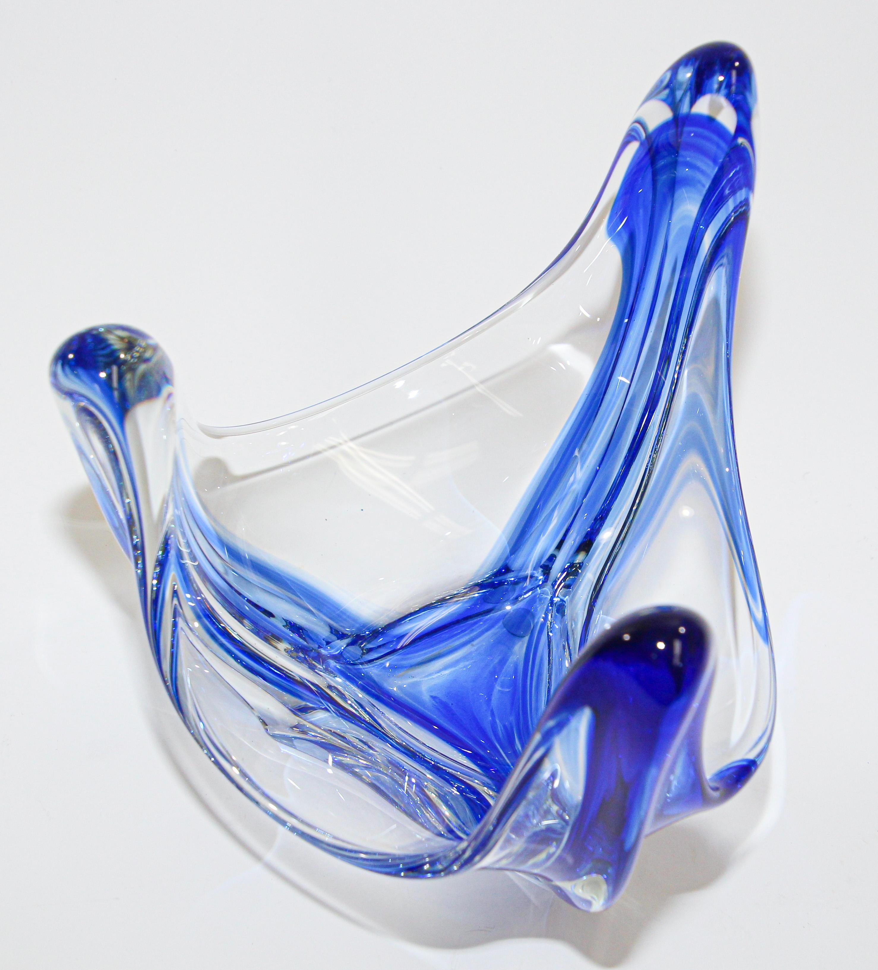 Sculptural Blue Large Decorative Hand Blown Murano Glass Bowl