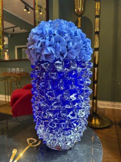 Sculptural Blue Murano Glass “Rostratti” Vase with Clear Pulled Point Decoration