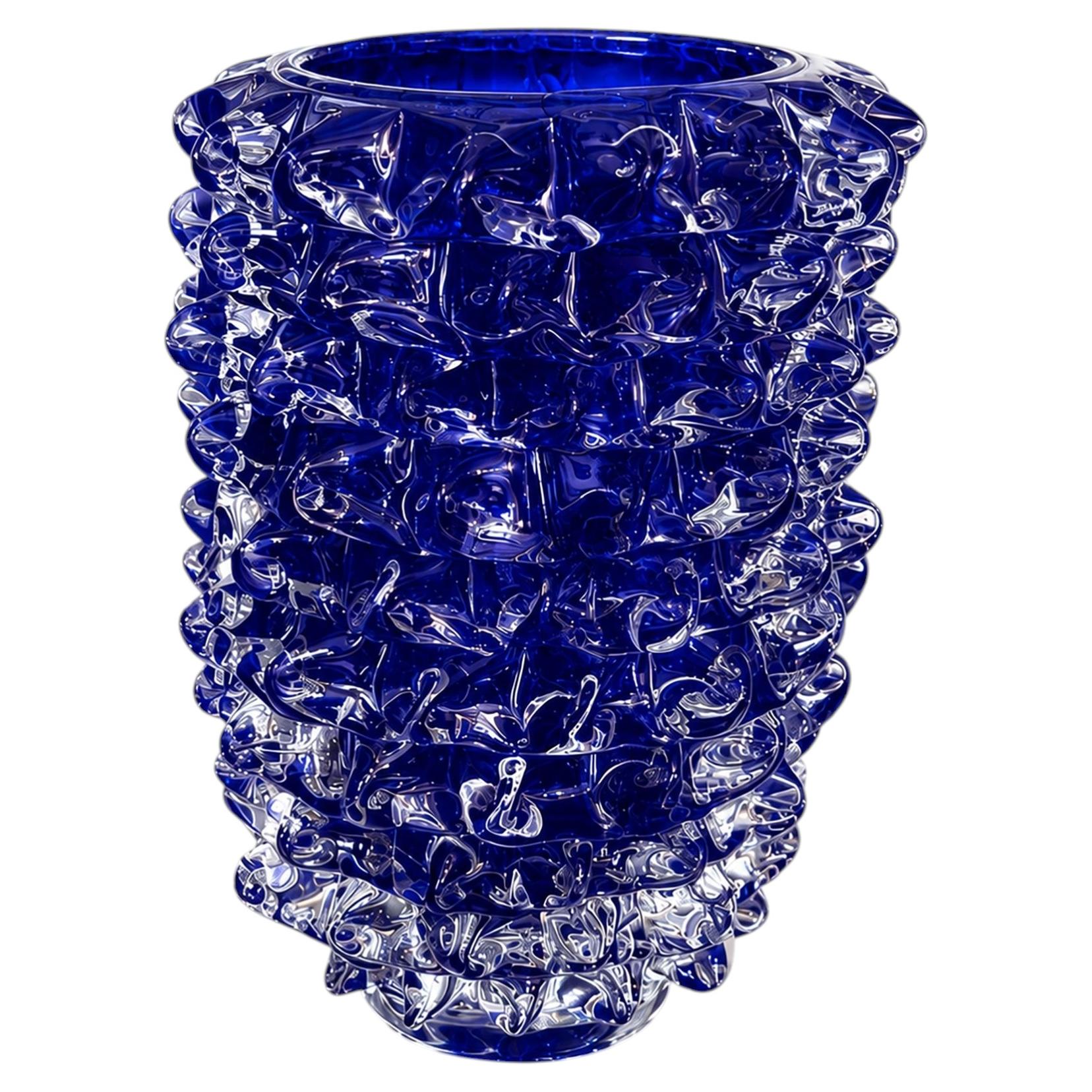 Sculptural Blue Murano Glass “Rostratti” Vase with Clear Pulled Point Decoration For Sale