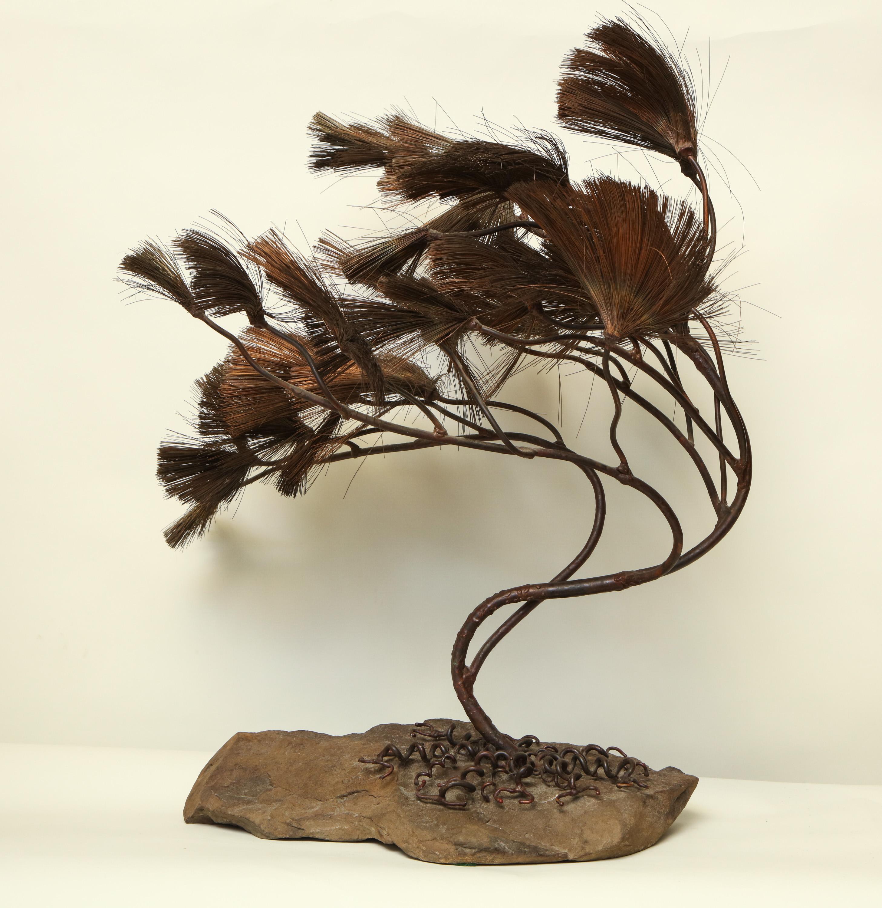 Sculptural Bonsai Tree Mid-Century Modern Iron Copper and Stone, 1960s For Sale 1