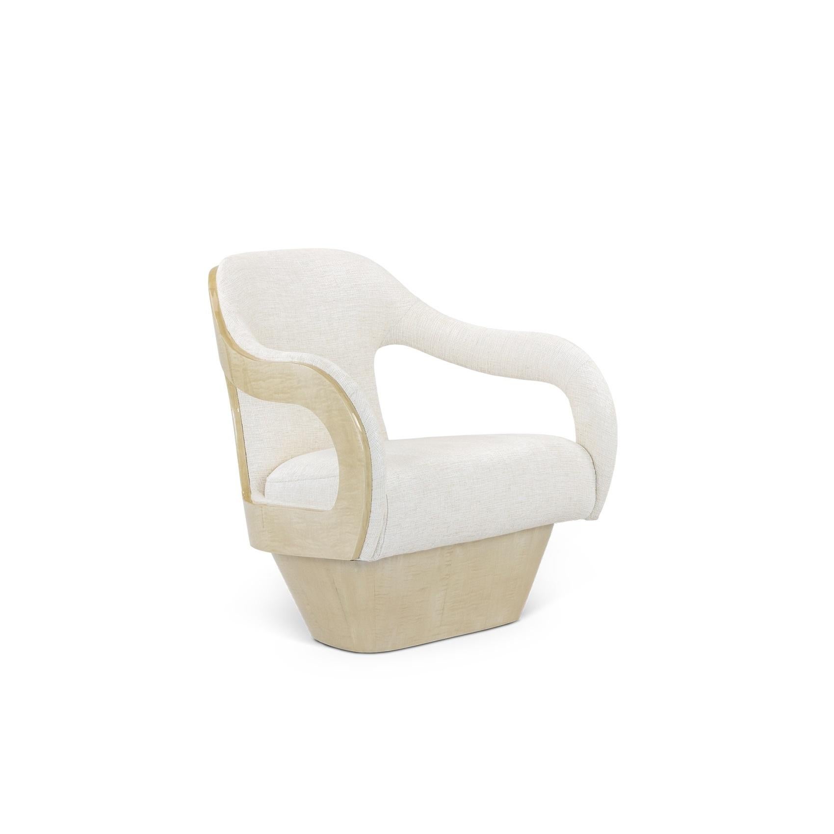 Mid-Century Modern Sculptural Bouclé Armchair with Glossy Sycamore Wood Structure-Jose De Castro For Sale