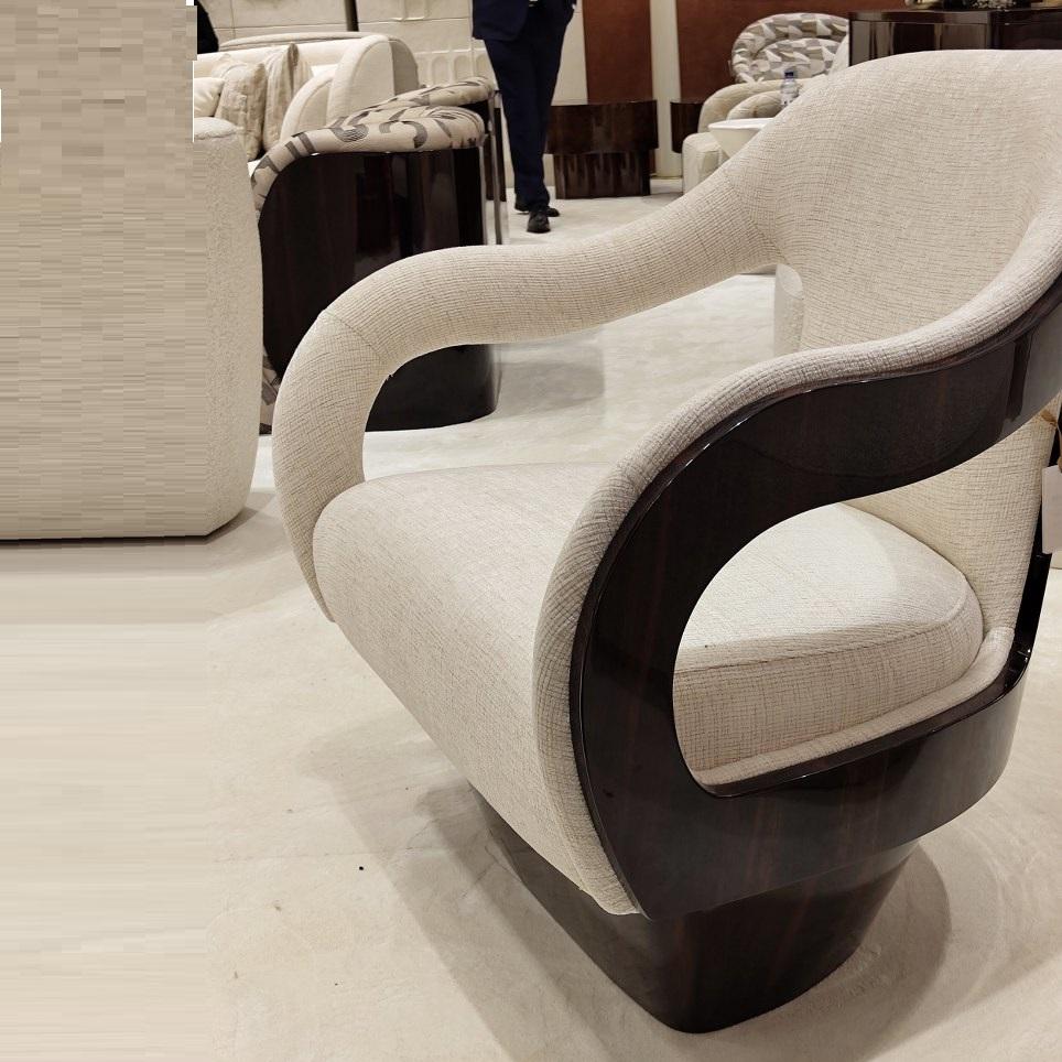 Contemporary Sculptural Bouclé Armchair with Glossy Sycamore Wood Structure-Jose De Castro For Sale