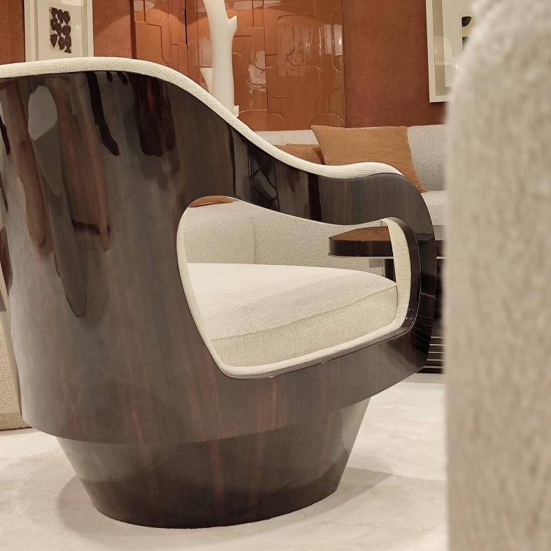 Fabric Sculptural Bouclé Armchair with Glossy Sycamore Wood Structure-Jose De Castro For Sale