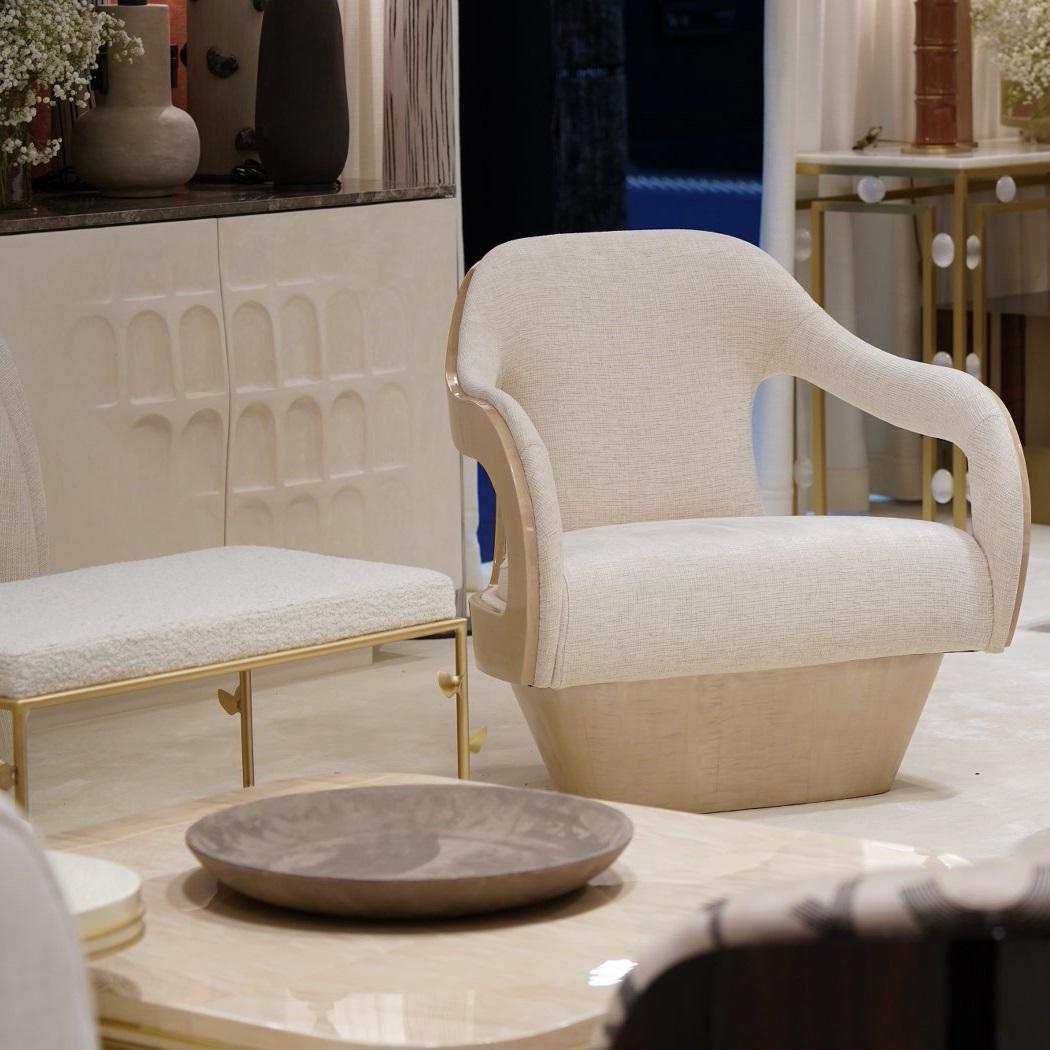 Sculptural Bouclé Armchair with Glossy Sycamore Wood Structure-Jose De Castro For Sale 1