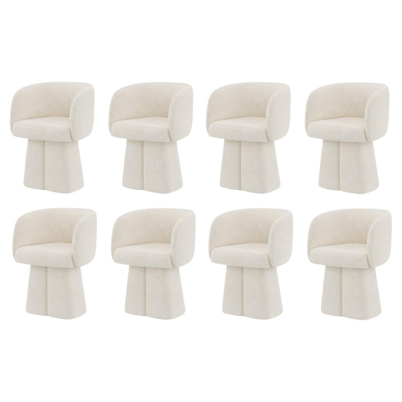 Sculptural Bouclé Dining Chair with Pedestal Base-Set Of 8 Chairs White Bouclé