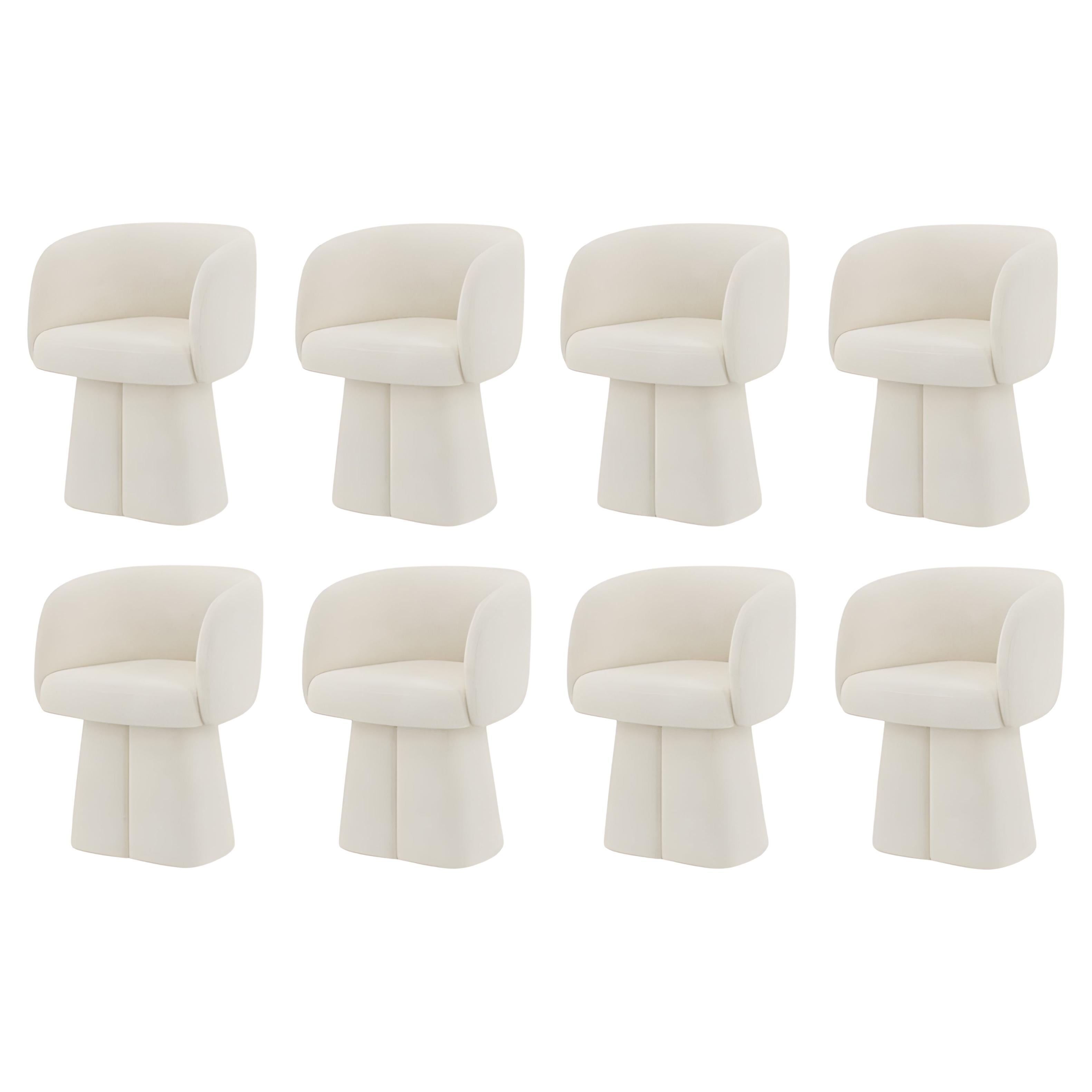 Sedia da pranzo scultorea in bouclé con base a piedistallo - Set di 8 sedie in bouclé bianco in vendita