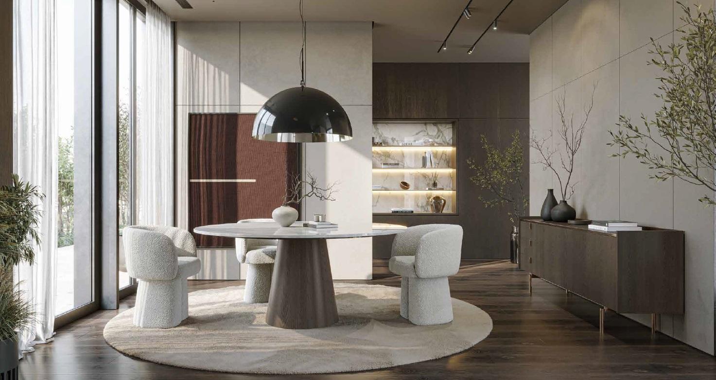 Moderno Sedia da pranzo scultorea in bouclé con base a piedistallo - Set di sei sedie in bouclé taupe in vendita
