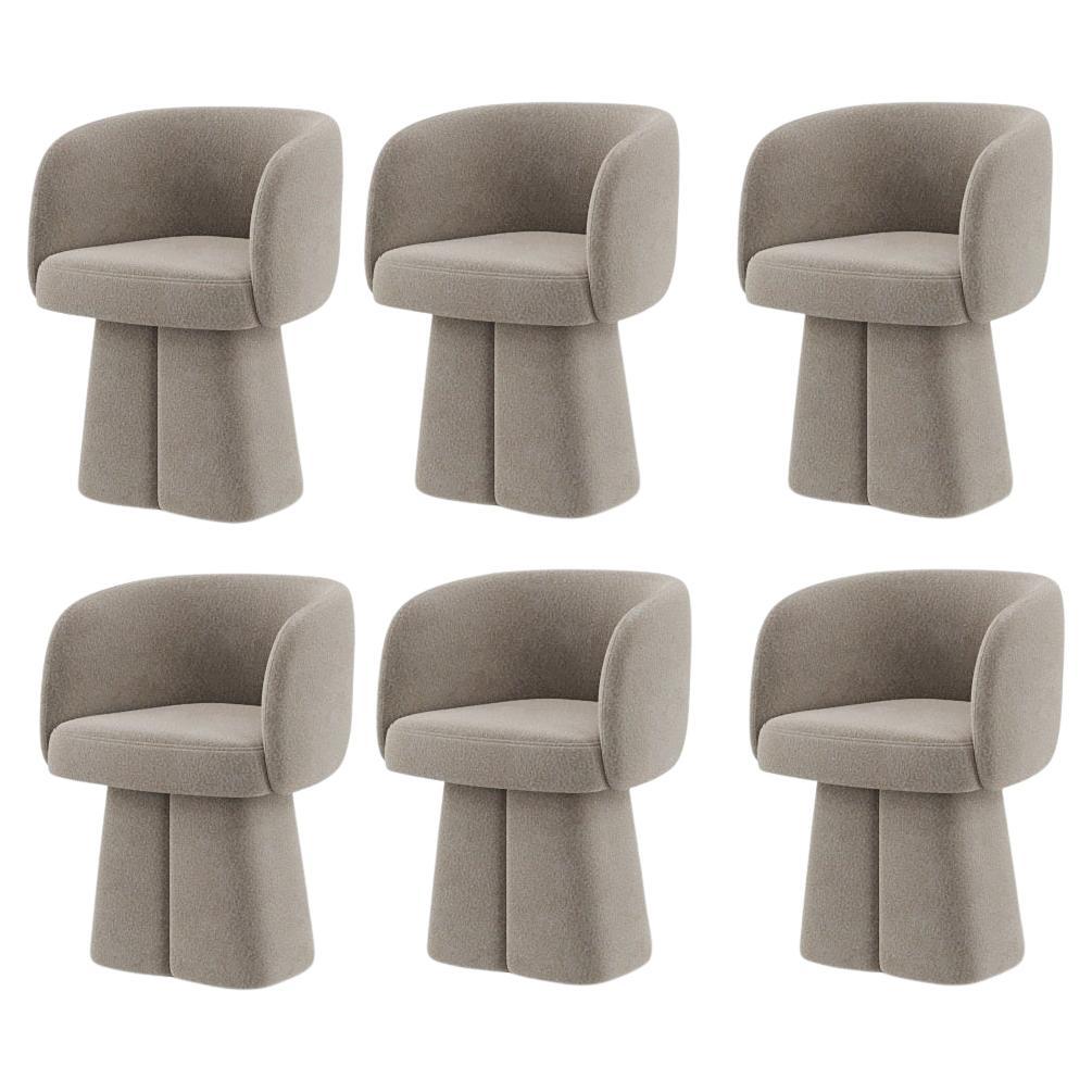 Sedia da pranzo scultorea in bouclé con base a piedistallo - Set di sei sedie in bouclé taupe