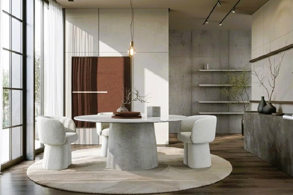 Bouclé Sedia da pranzo scultorea in bouclé con base a piedistallo diviso - Mondo Design/One in vendita