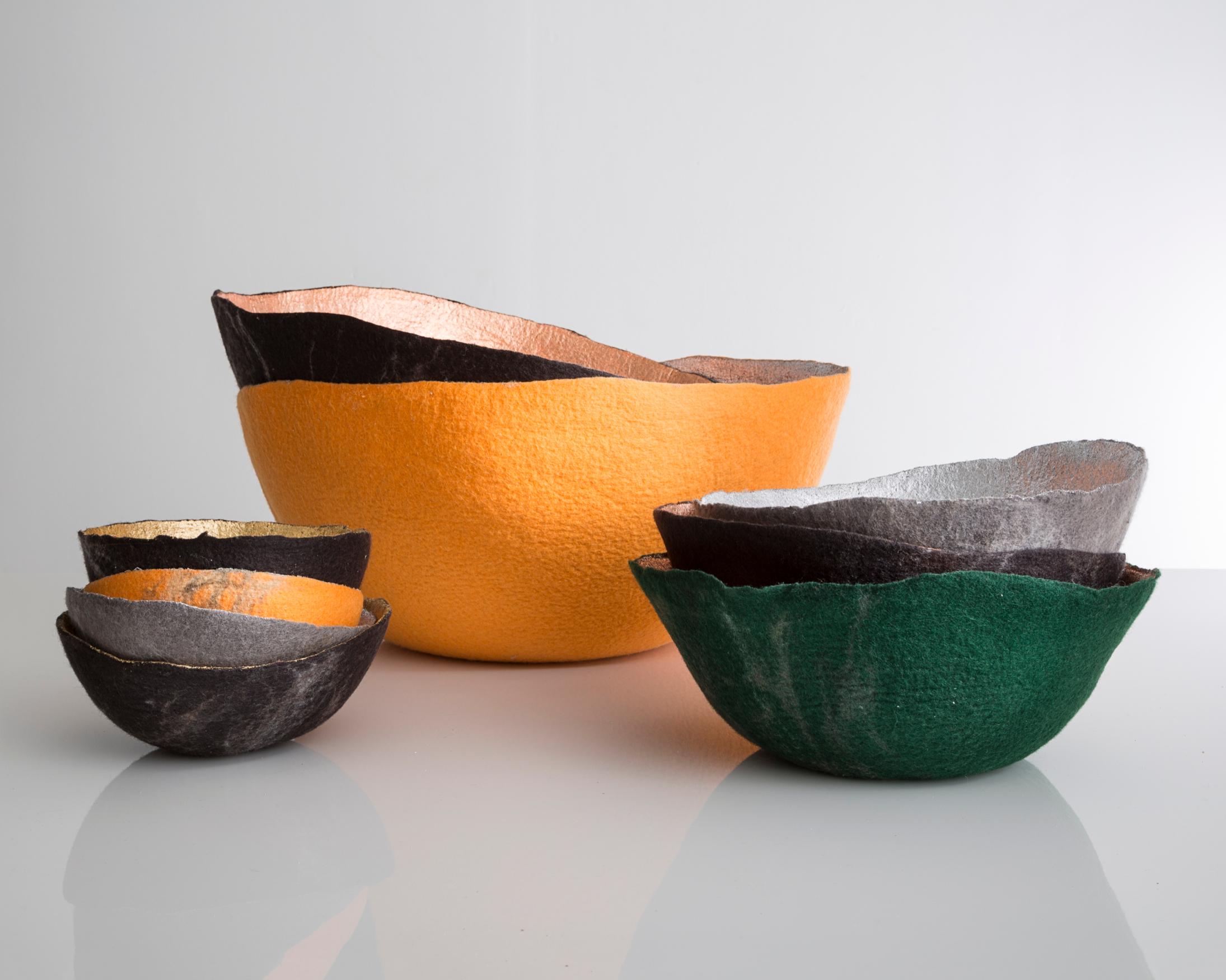 Sculptural bowl in metallic felt. Designed and made by Ronel Jordaan, South Africa, 2014.
 