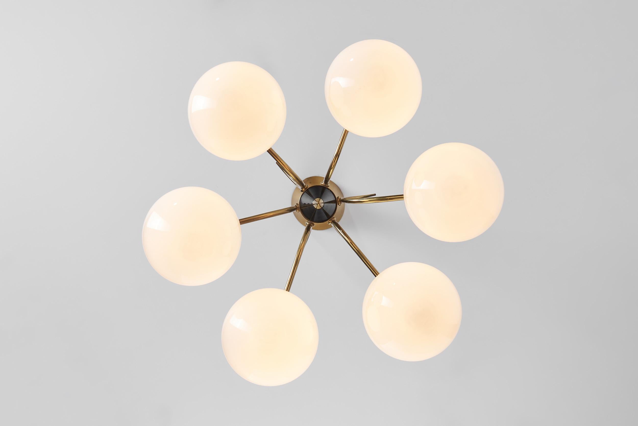 Mid-20th Century Sculptural Brass and Glass Ceiling Light, Scandinavia, 1950s For Sale