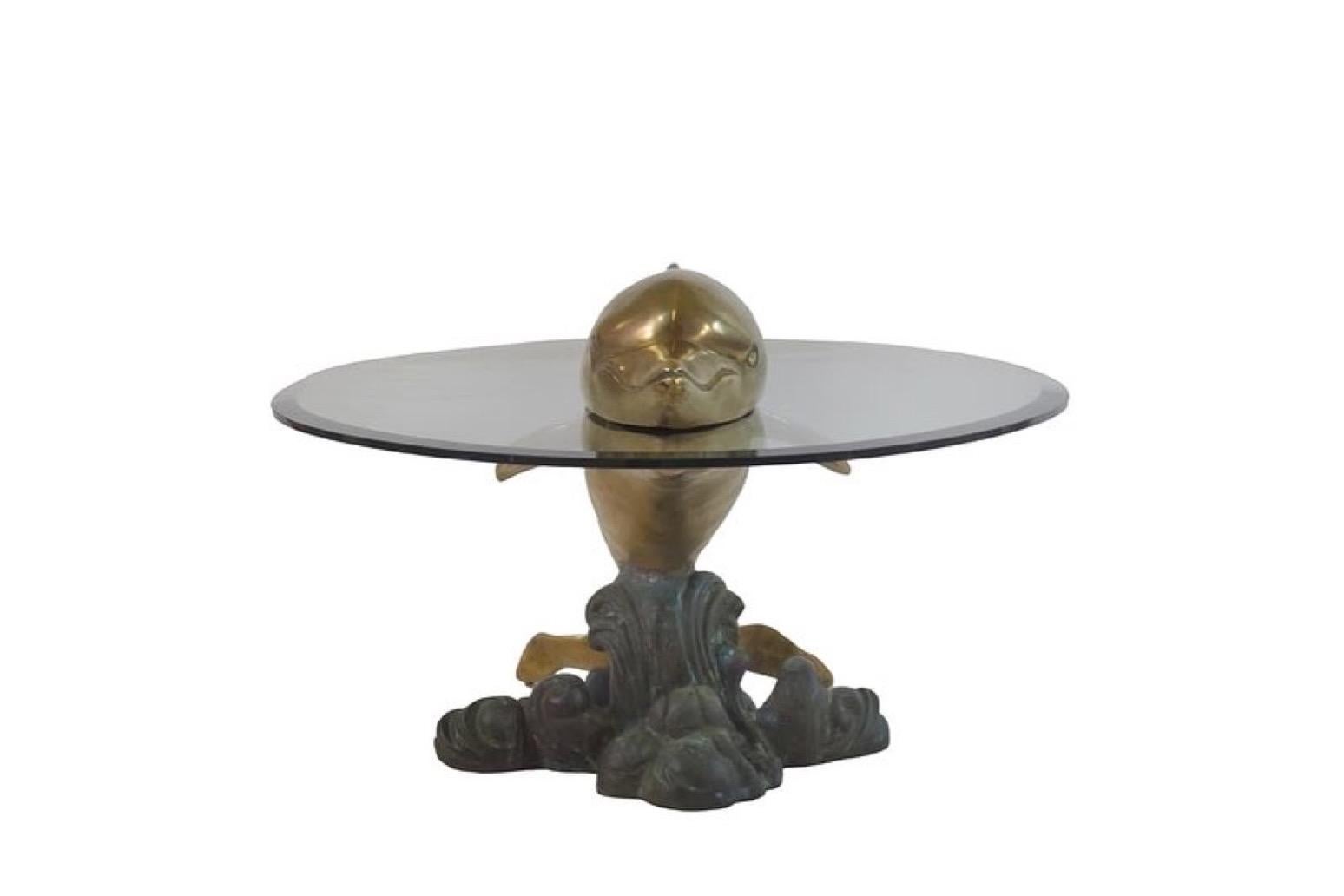 Regency Sculptural Brass and Glass Dolphin Coffee Table, France 1970s Paris For Sale