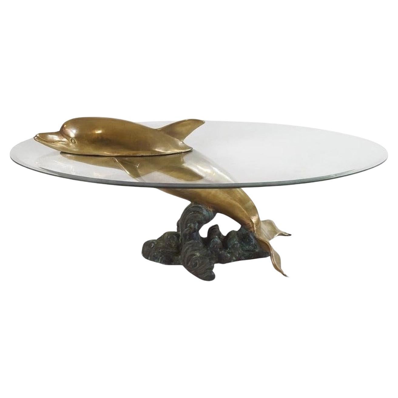 Sculptural Brass and Glass Dolphin Coffee Table, France 1970s Paris For Sale