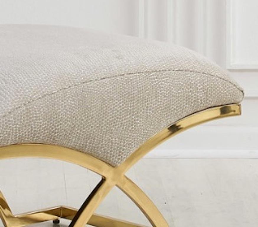 Sculptural Brass Ottoman with Velvet Upholstery In Excellent Condition In Chicago, IL