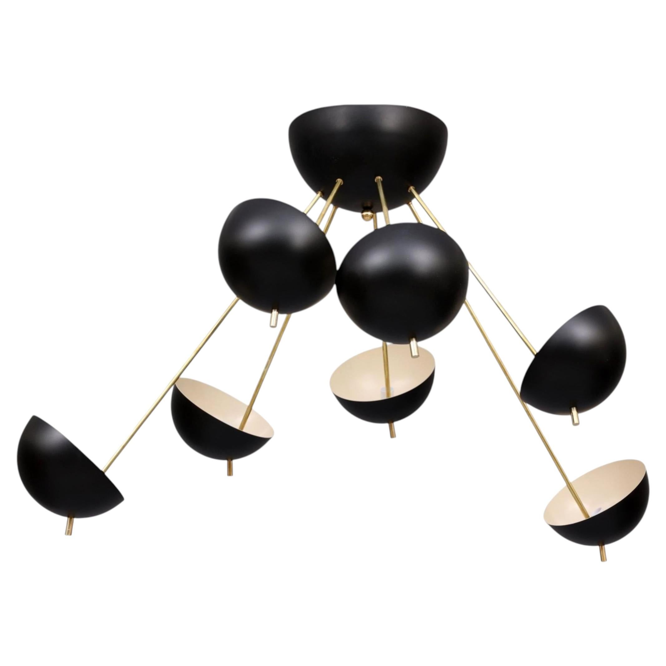 Sculptural Brass Chandelier with Seven Lacquered Shades, Stilnovo Style