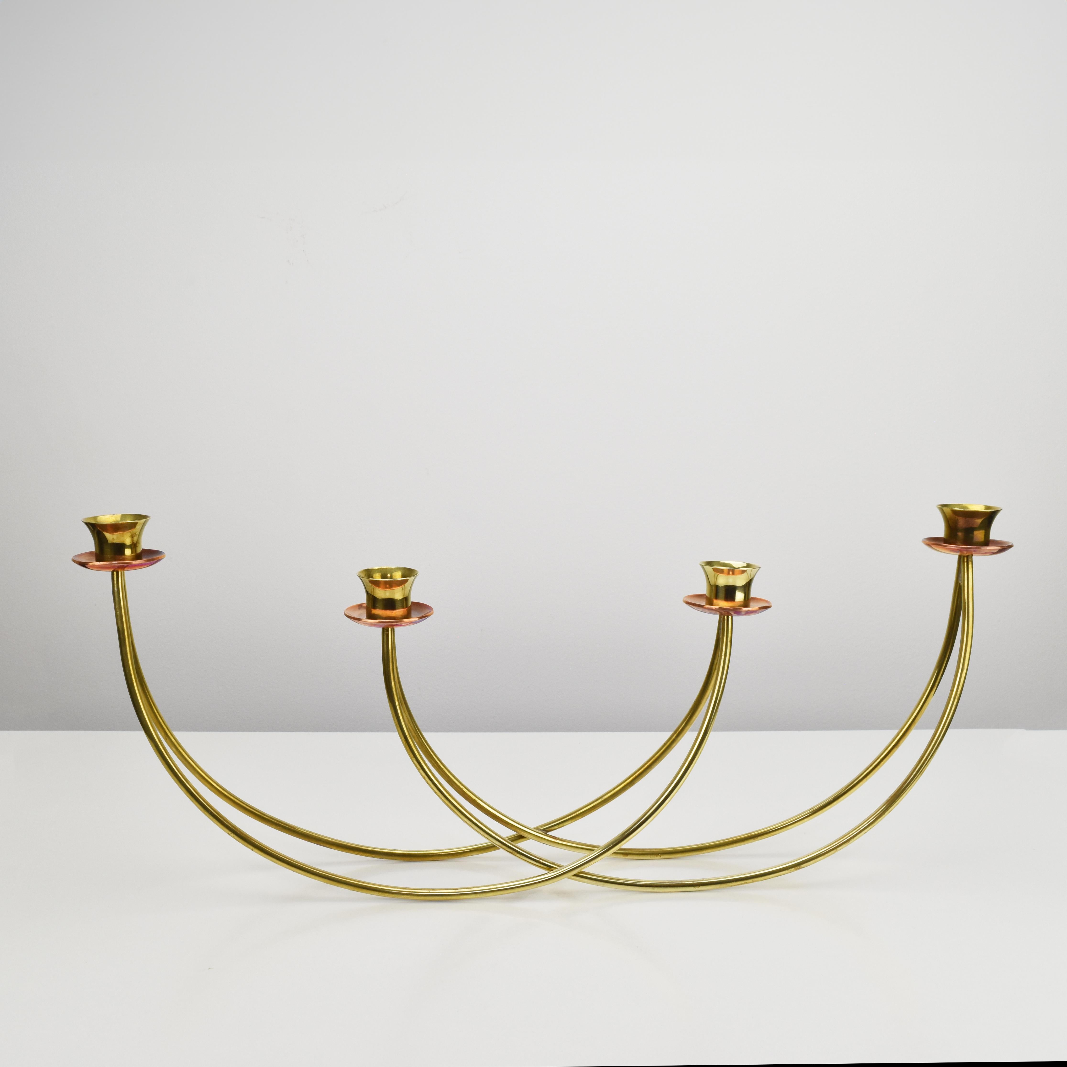 Hand-Crafted Sculptural Brass & Copper Candleholder by Harald Buchrucker Bauhaus 1940s For Sale