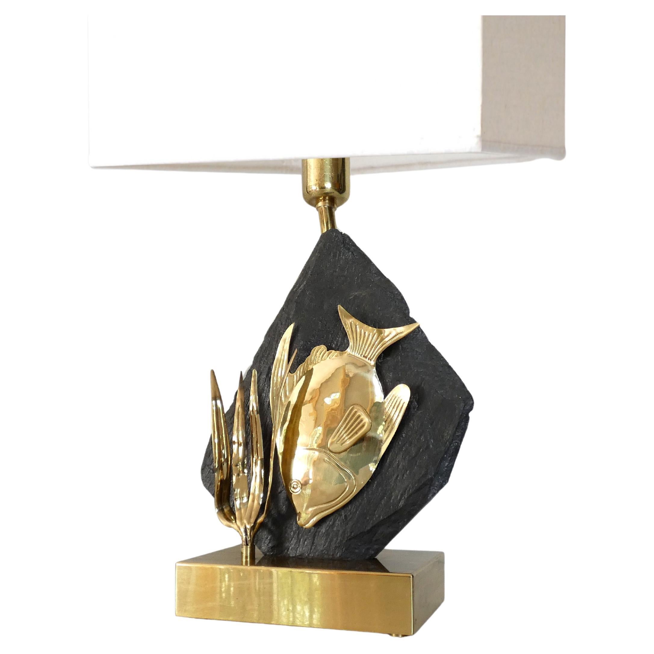 Sculptural Brass Fish and Black Stone Lamp, 1970s
