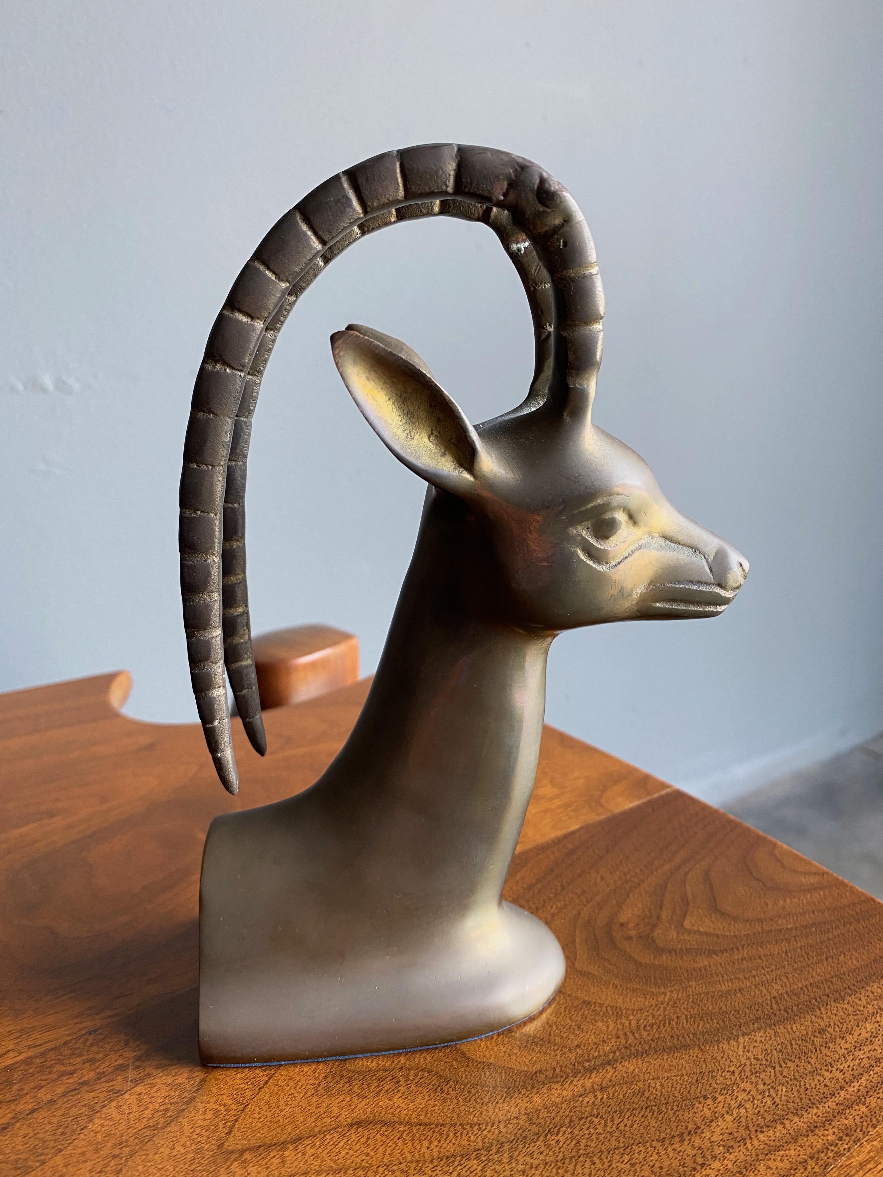 Mid-Century Modern Sculptural Brass Gazelle Bookends, 1960's  For Sale