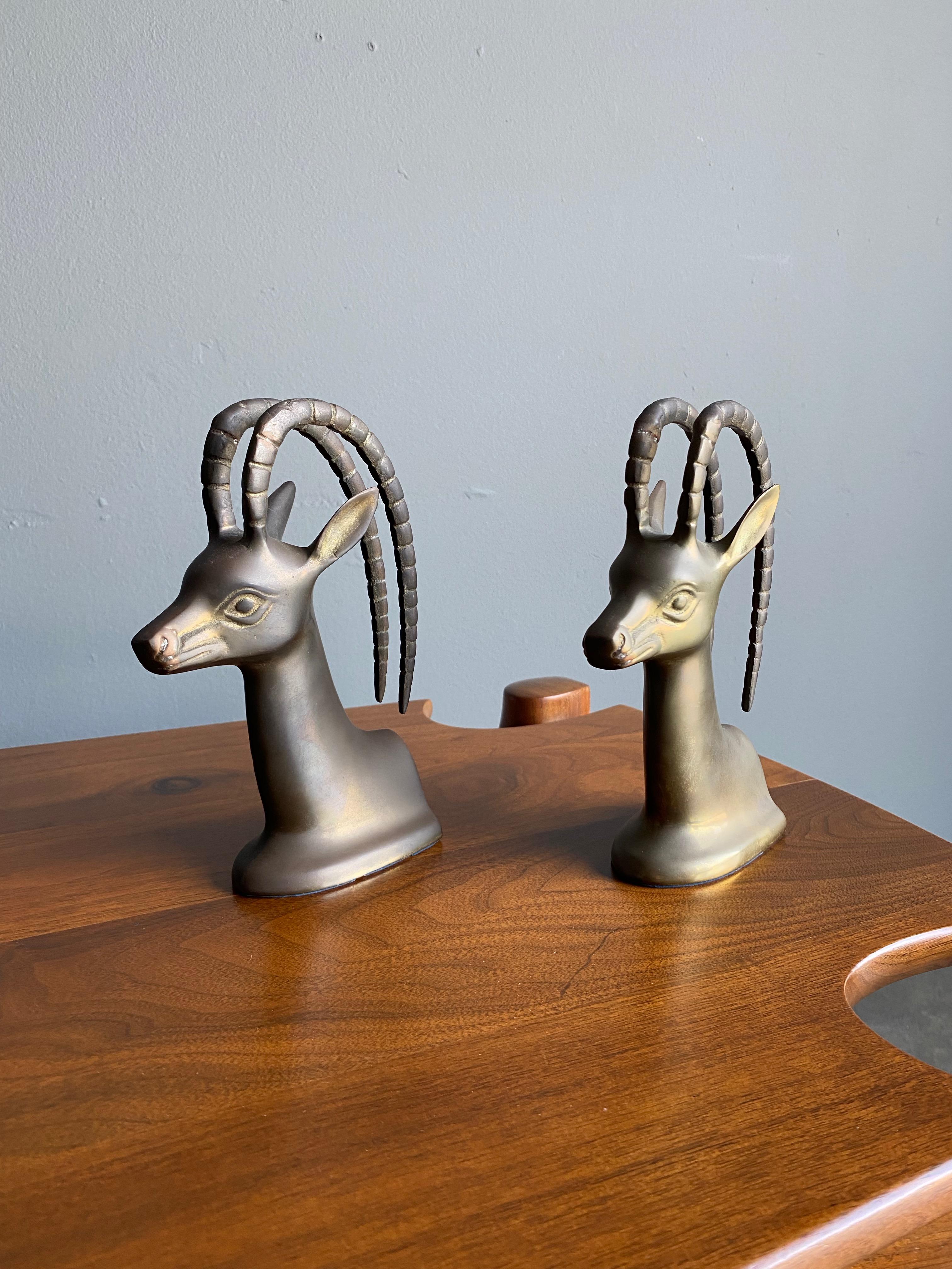 20th Century Sculptural Brass Gazelle Bookends, 1960's  For Sale