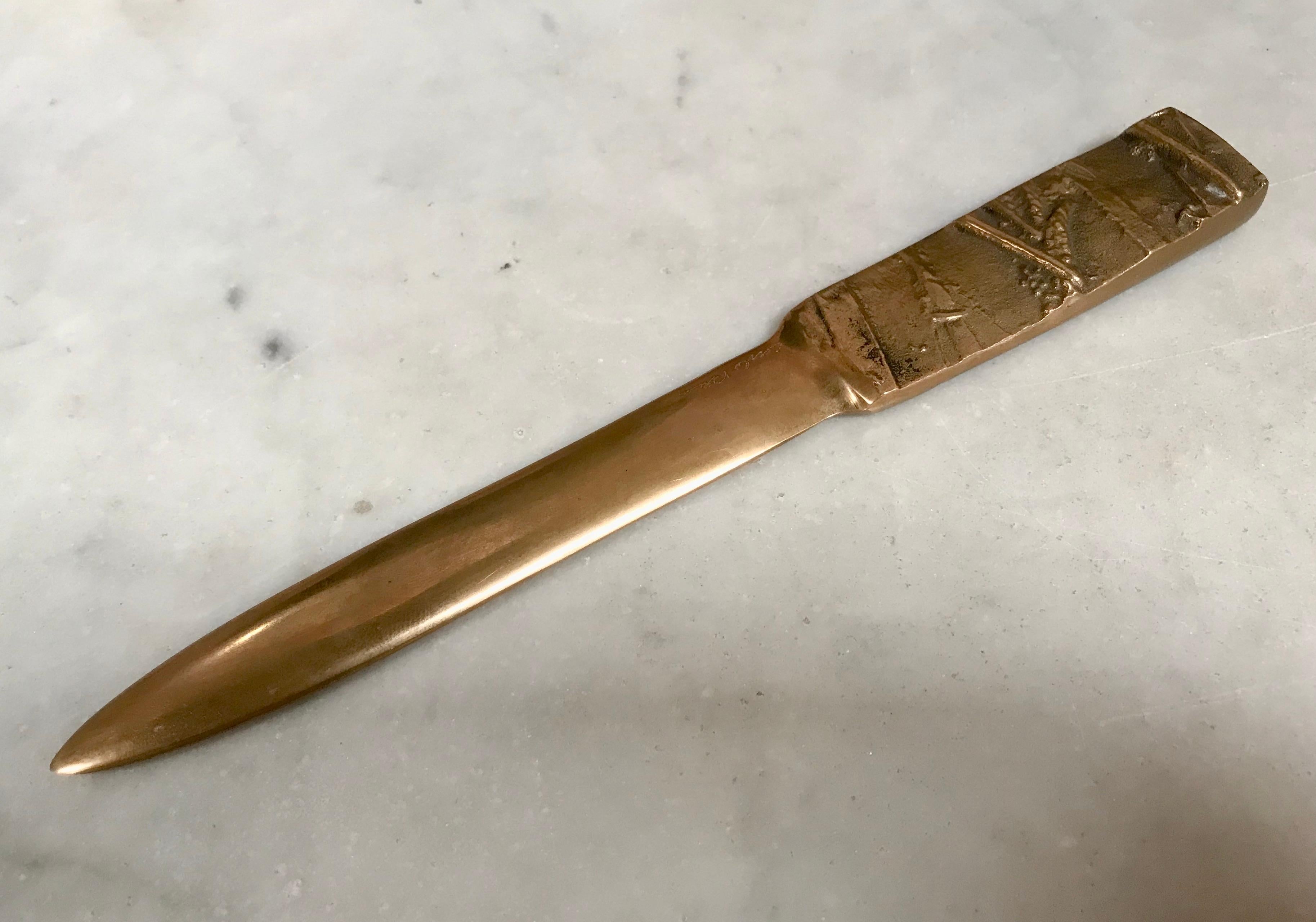 Sculptural brass letter opener signed by Carlo Ricci, Italy, 1970s.